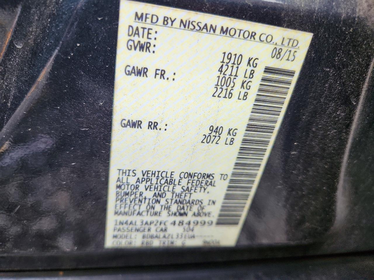 2015 Nissan Altima 2.5 Black vin: 1N4AL3AP2FC484999