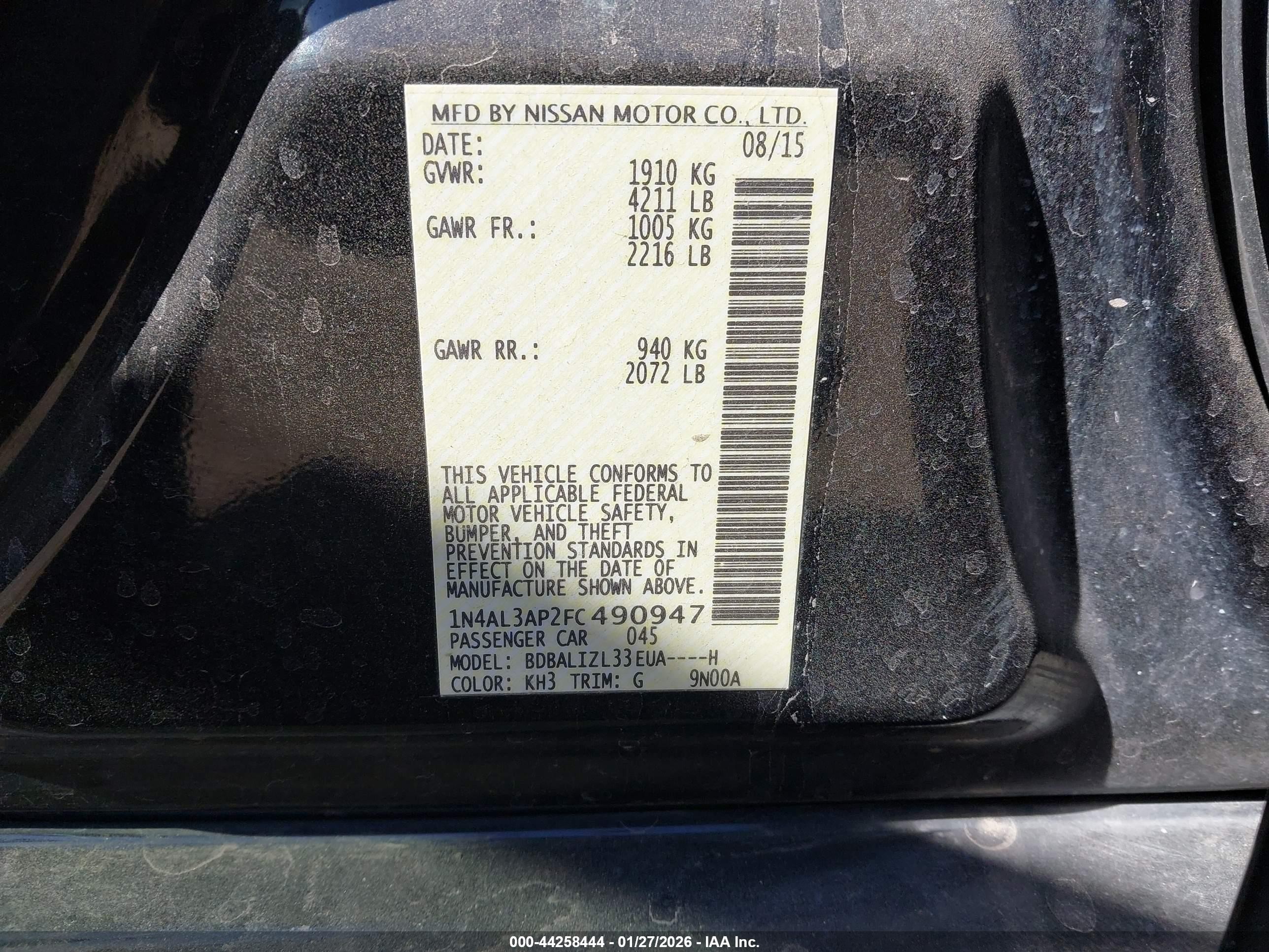 2015 Nissan Altima 2.5 Sv Black vin: 1N4AL3AP2FC490947