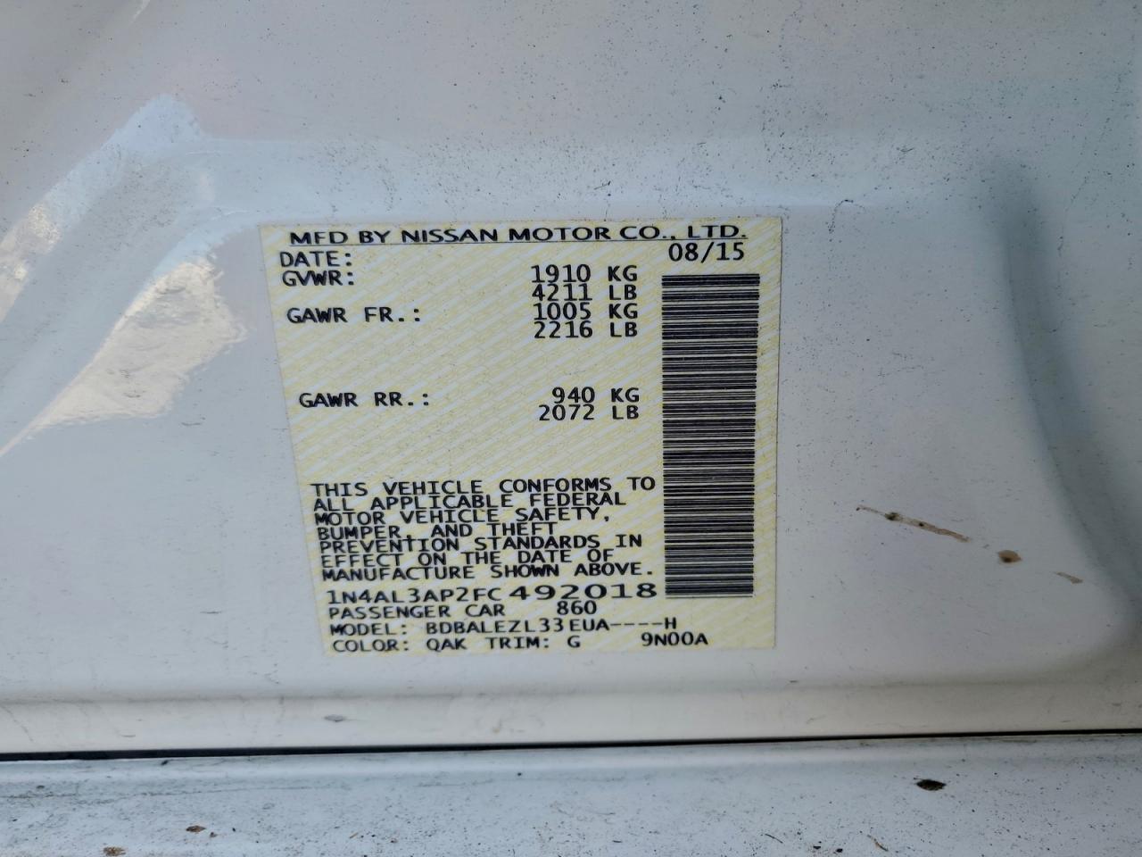 2015 Nissan Altima 2.5s White vin: 1N4AL3AP2FC492018