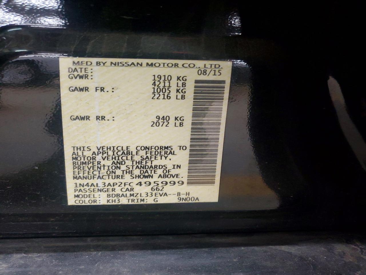 2015 Nissan Altima 2.5 Sv Black vin: 1N4AL3AP2FC495999