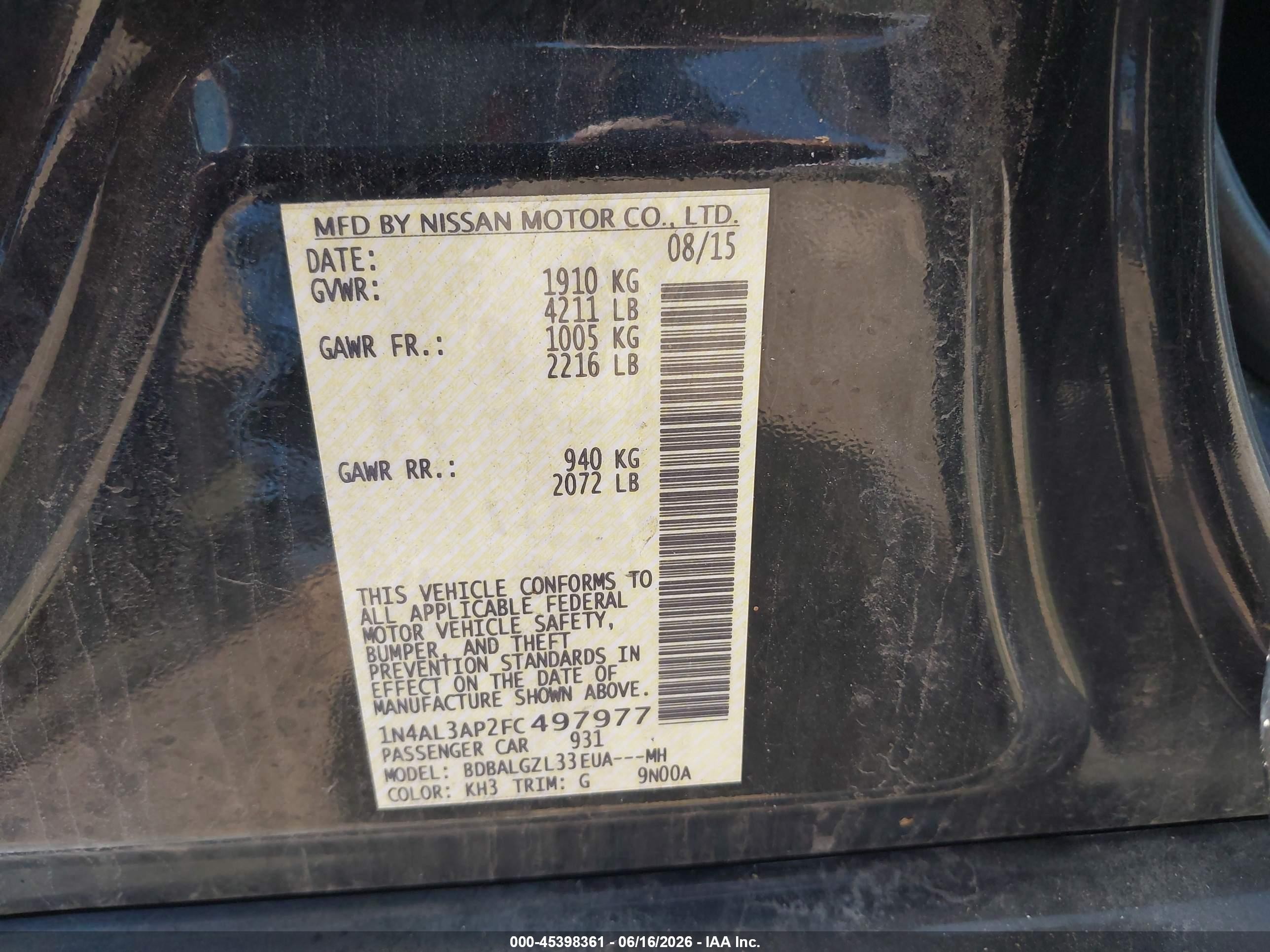 2015 Nissan Altima 2.5 S Черный vin: 1N4AL3AP2FC497977