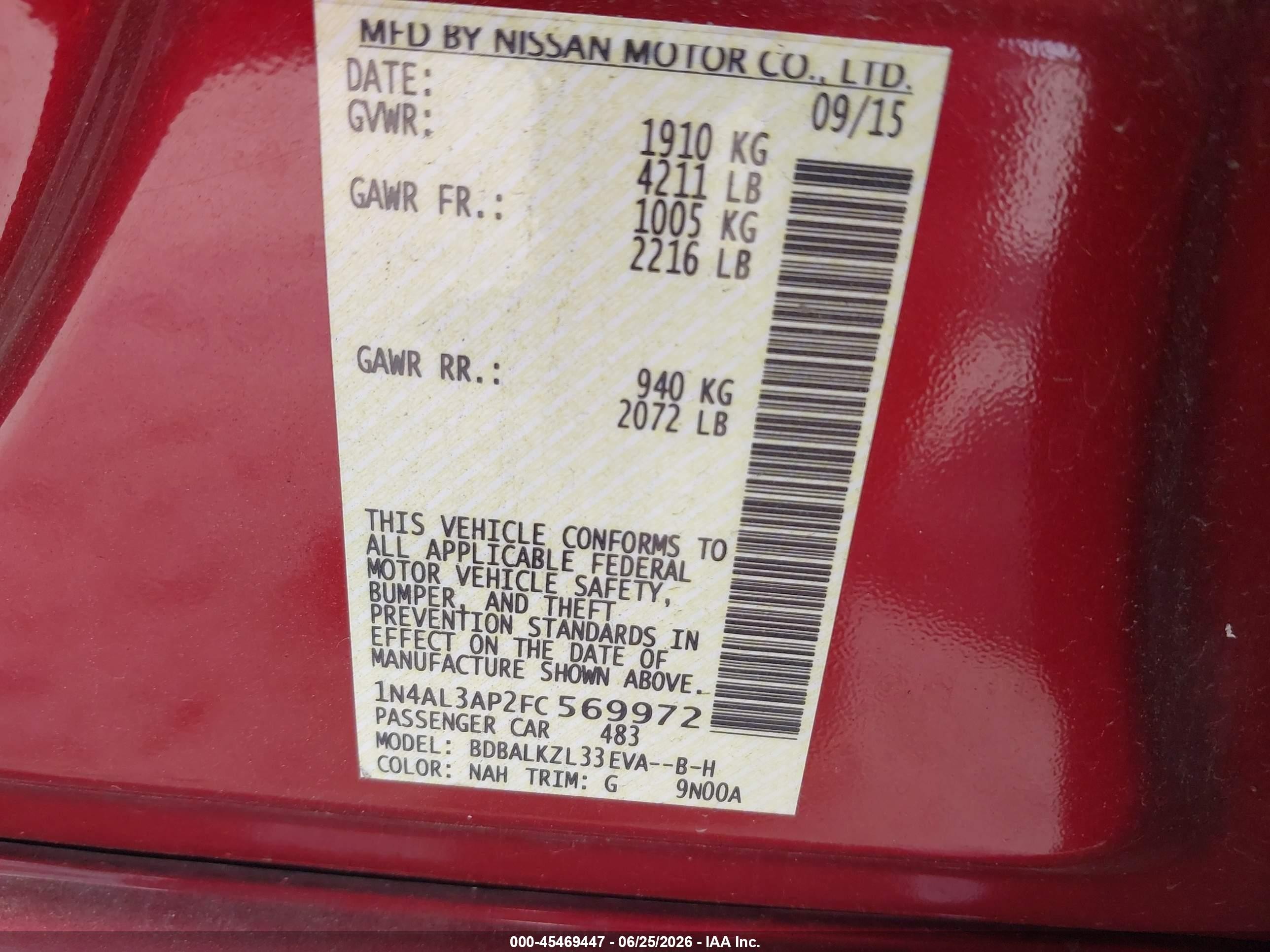 2015 Nissan Altima 2.5 Sv Red vin: 1N4AL3AP2FC569972
