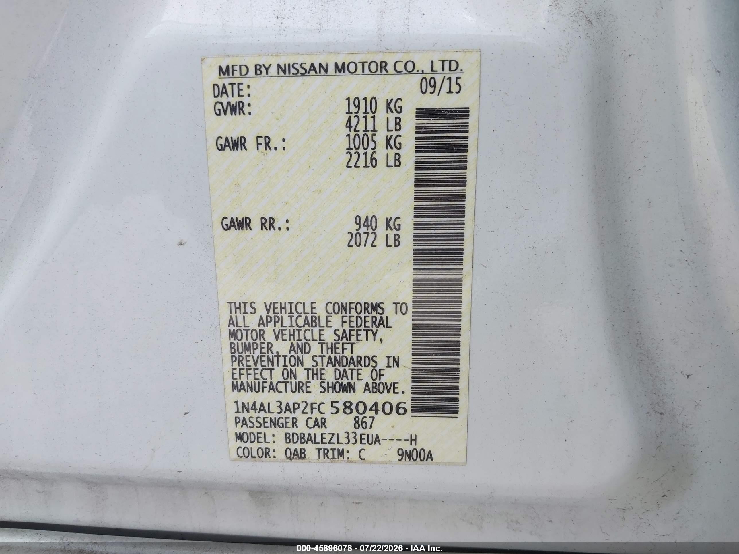 2015 Nissan Altima 2.5 S White vin: 1N4AL3AP2FC580406