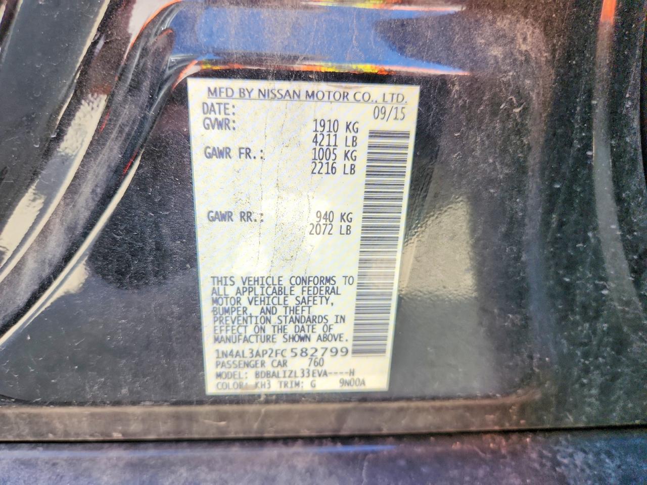 2015 Nissan Altima 2.5 Sv Black vin: 1N4AL3AP2FC582799