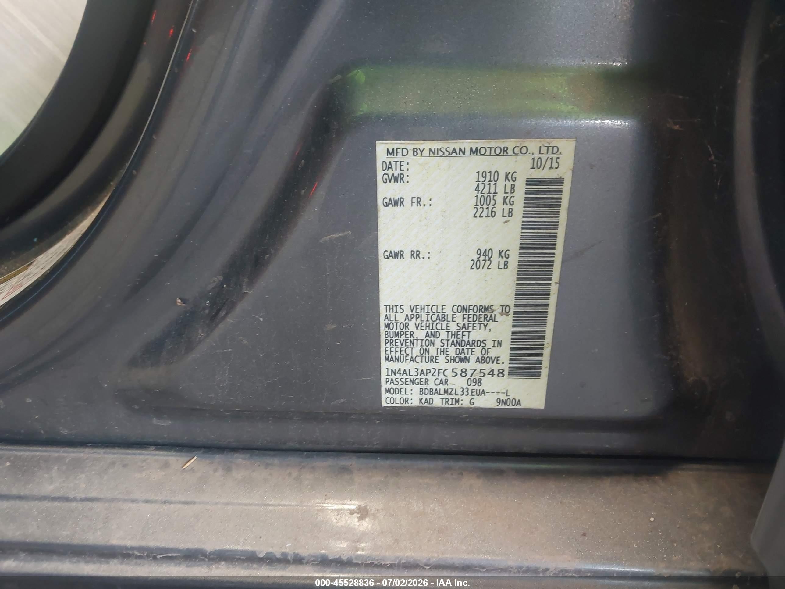 2015 Nissan Altima 2.5 Sv Gray vin: 1N4AL3AP2FC587548