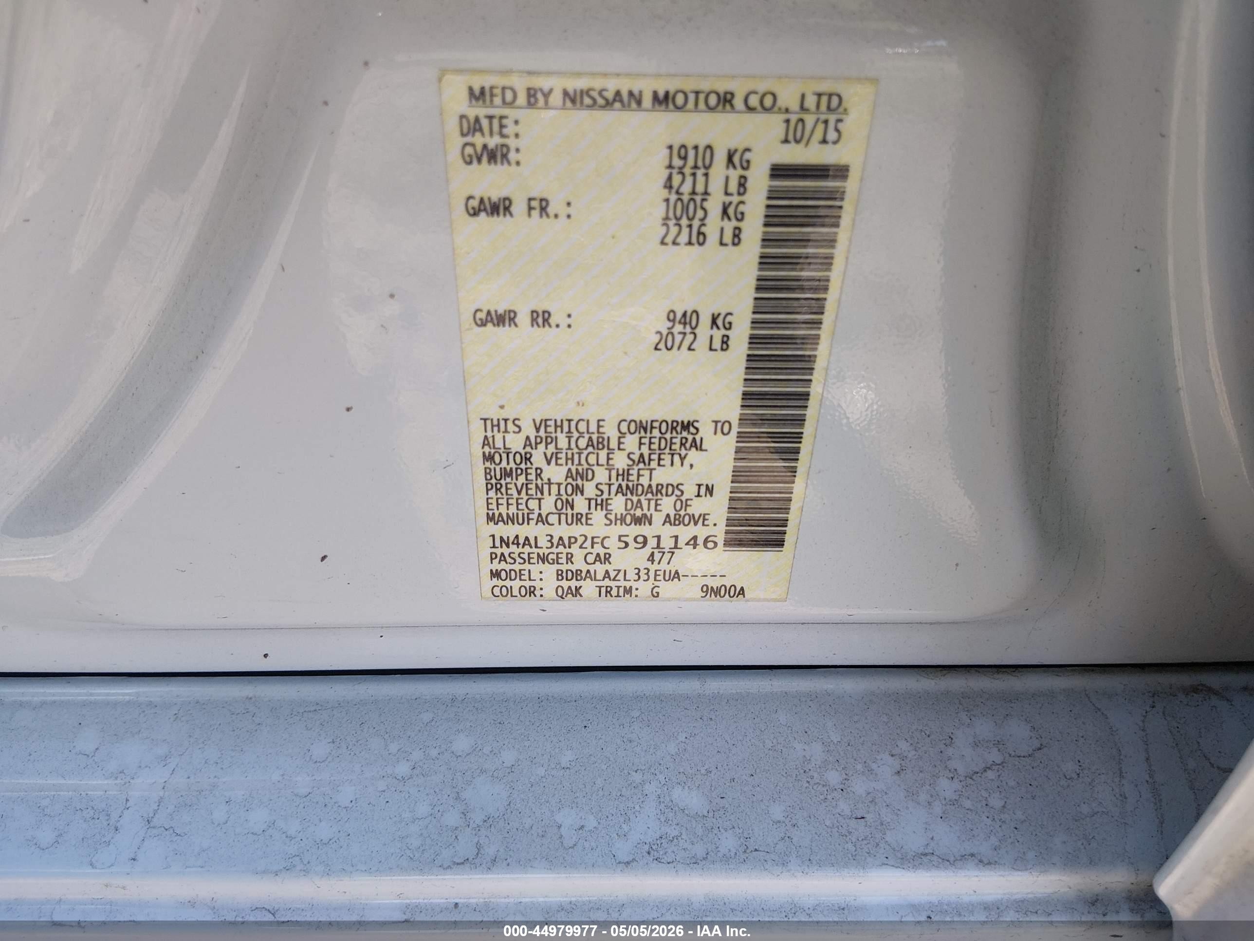 2015 Nissan Altima 2.5 White vin: 1N4AL3AP2FC591146