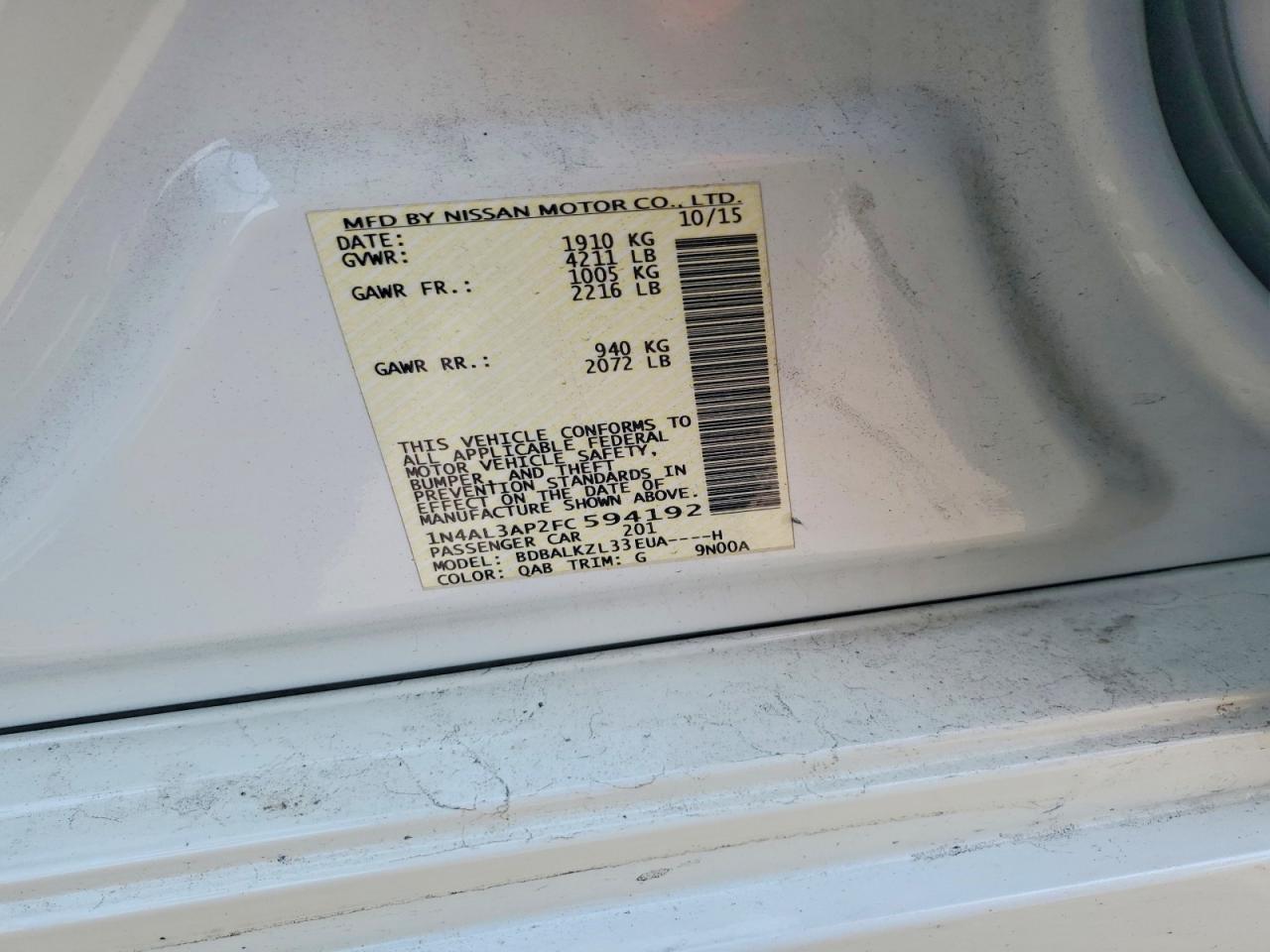 2015 Nissan Altima 2.5 Sv White vin: 1N4AL3AP2FC594192