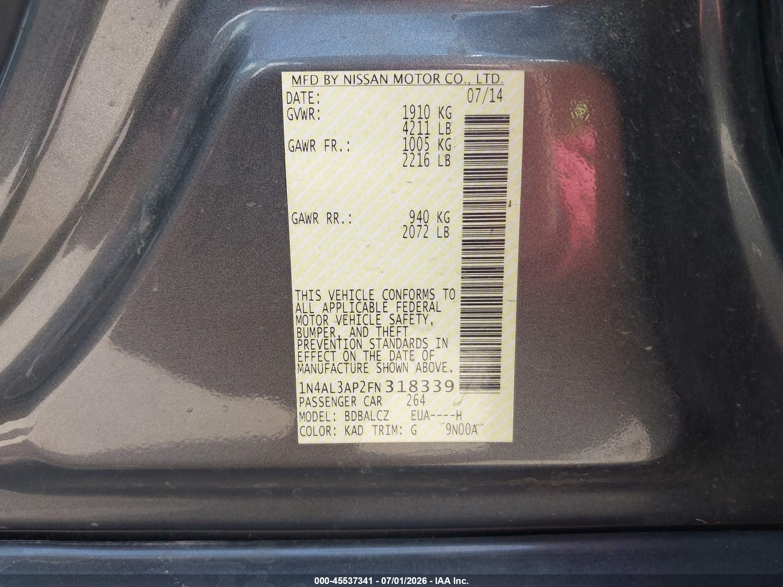 2015 Nissan Altima 2.5 S Серый vin: 1N4AL3AP2FN318339