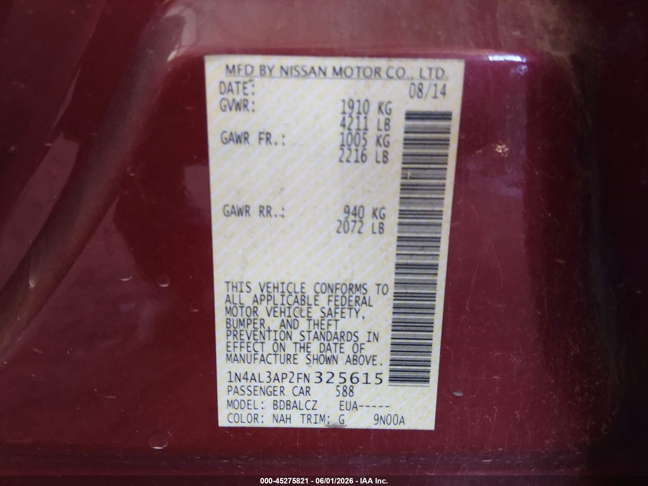 2015 Nissan Altima 2.5/2.5 S/2.5 Sl/2.5 Sv Maroon vin: 1N4AL3AP2FN325615
