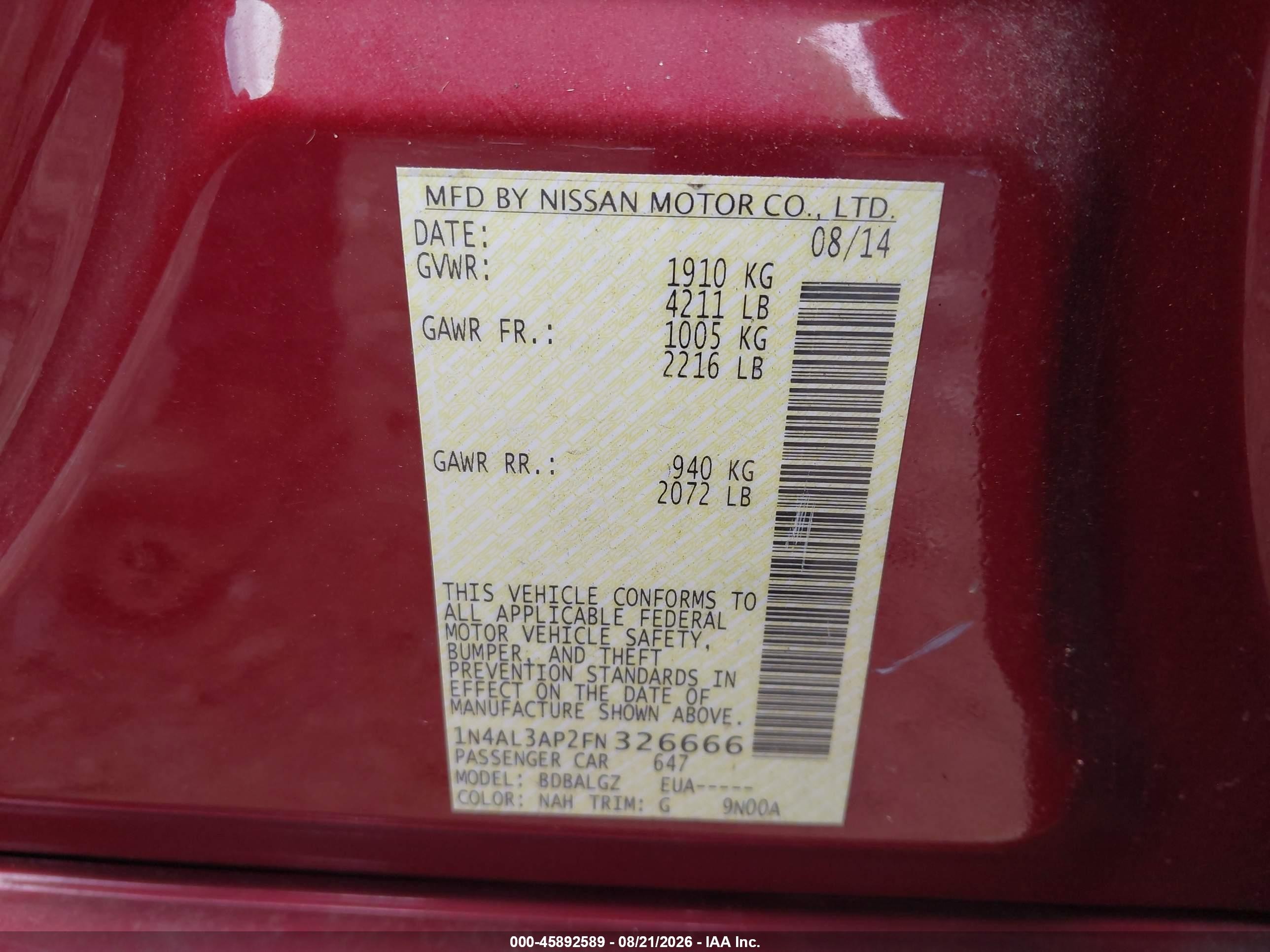 2015 Nissan Altima 2.5 S Red vin: 1N4AL3AP2FN326666