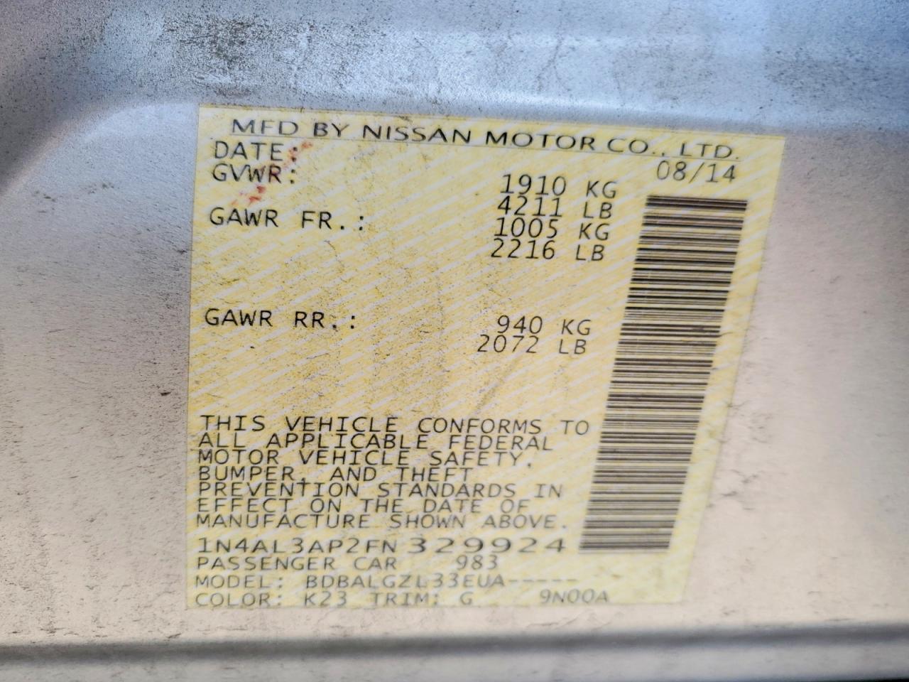 2015 Nissan Altima 2.5 S Black vin: 1N4AL3AP2FN329924