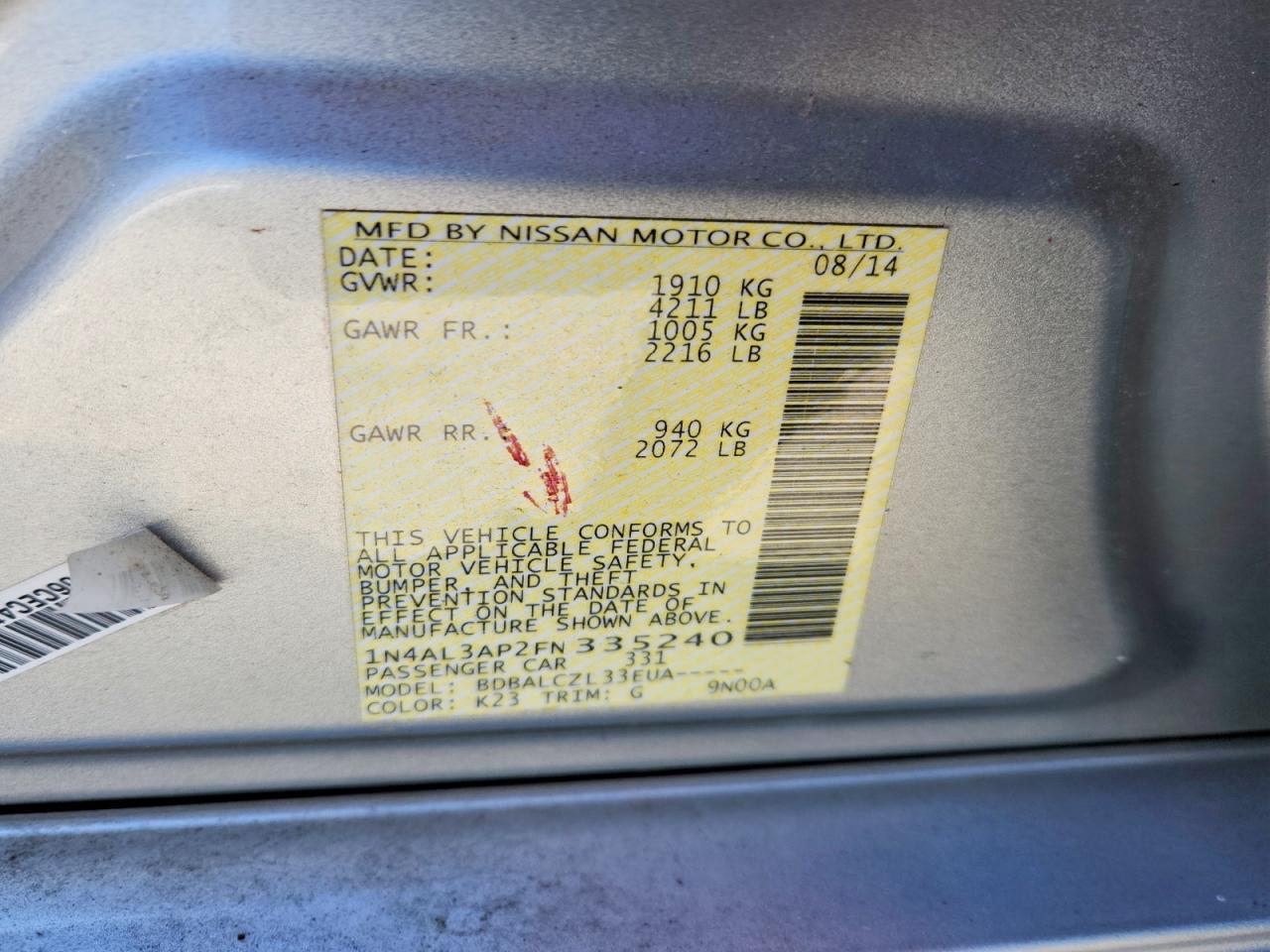 2015 Nissan Altima 2.5 S Gray vin: 1N4AL3AP2FN335240