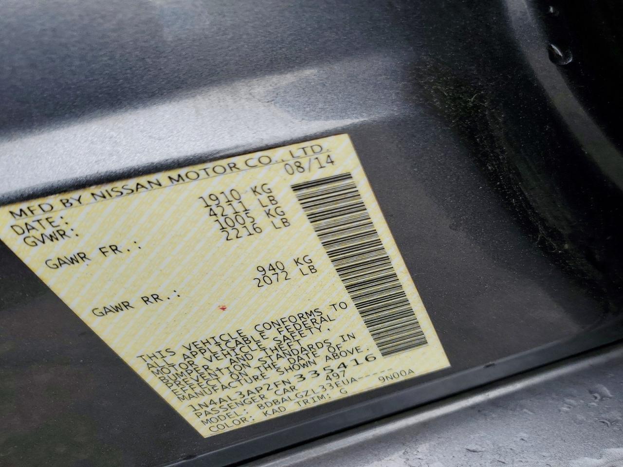 2015 Nissan Altima 2.5 S Charcoal vin: 1N4AL3AP2FN335416