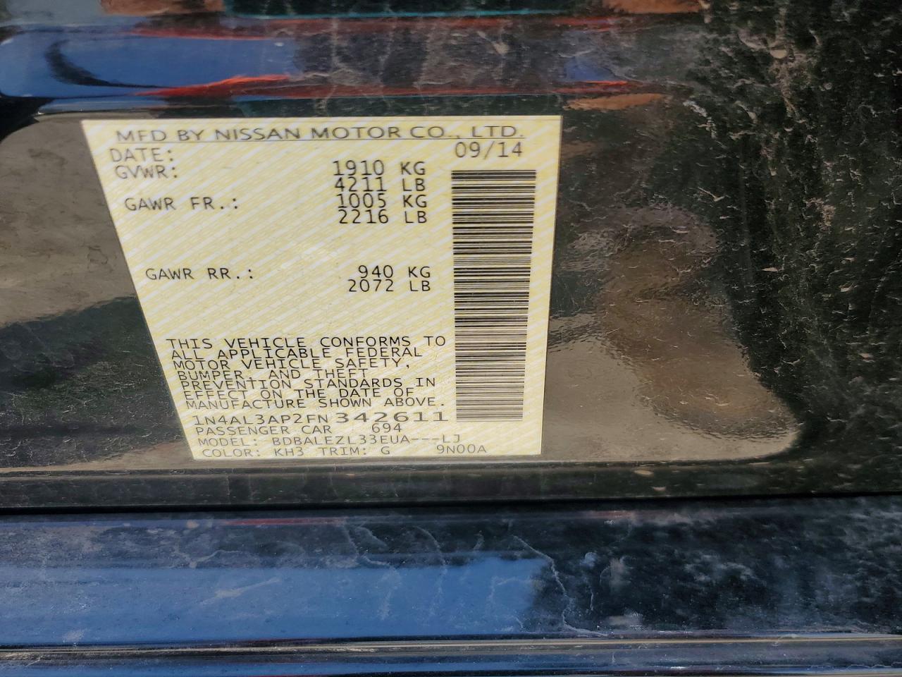 2015 Nissan Altima 2.5 S Black vin: 1N4AL3AP2FN342611