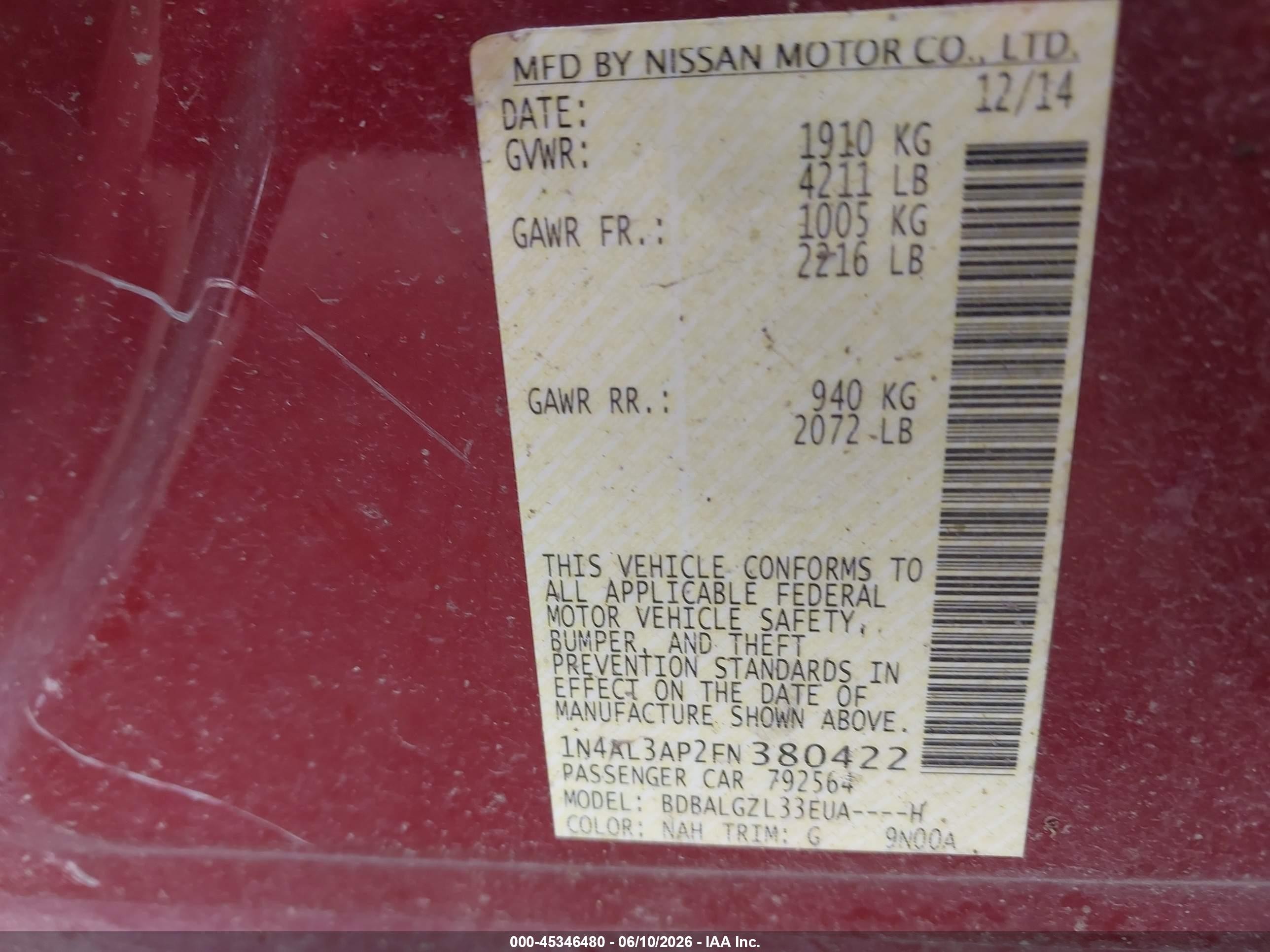 2015 Nissan Altima 2.5 S Red vin: 1N4AL3AP2FN380422