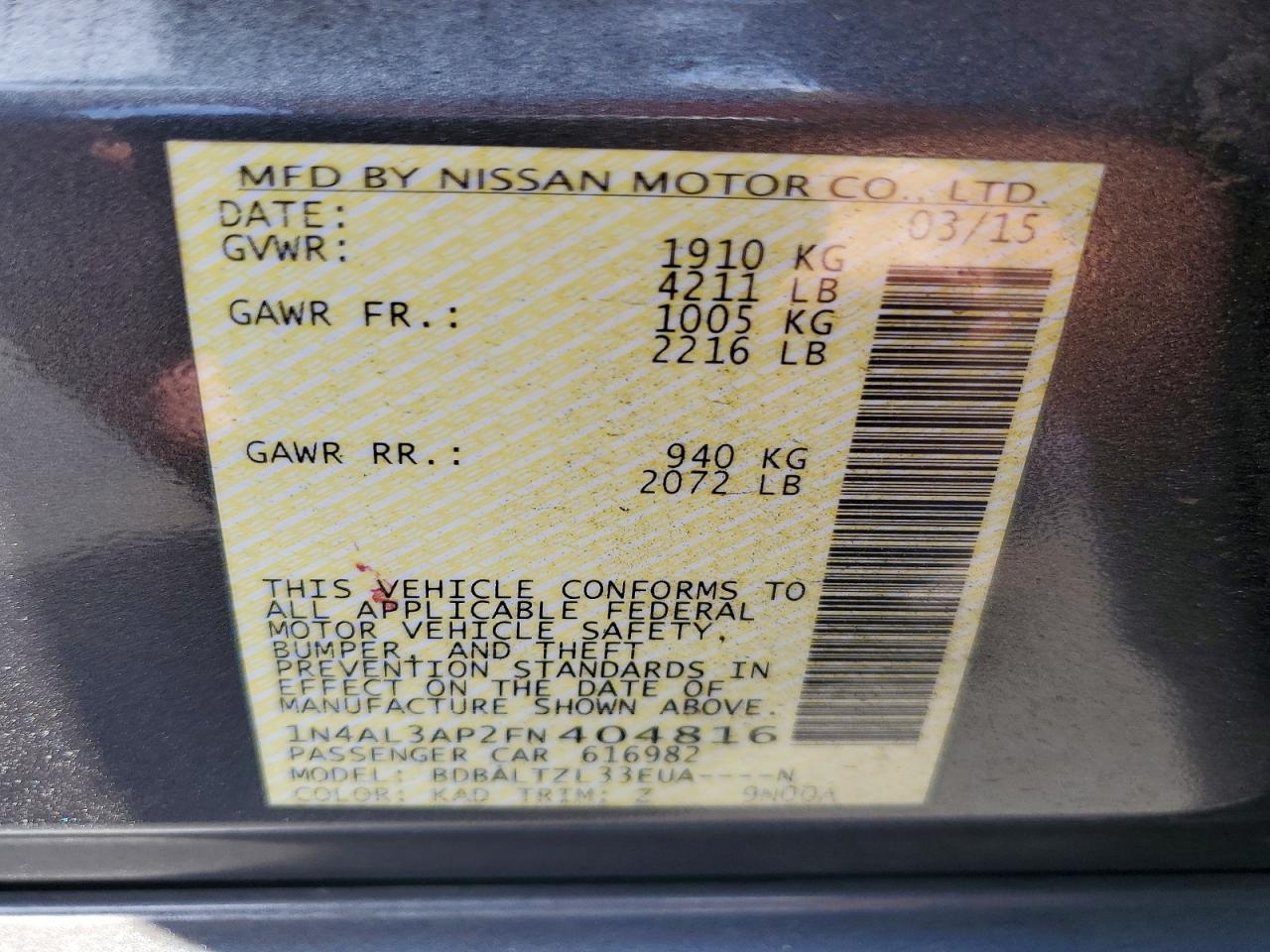 2015 Nissan Altima 2.5 Sl Серебряный vin: 1N4AL3AP2FN404816