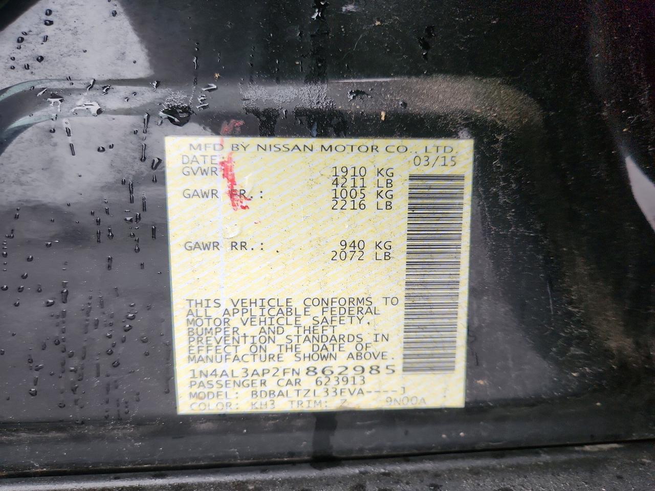 2015 Nissan Altima 2.5 Sl Черный vin: 1N4AL3AP2FN862985