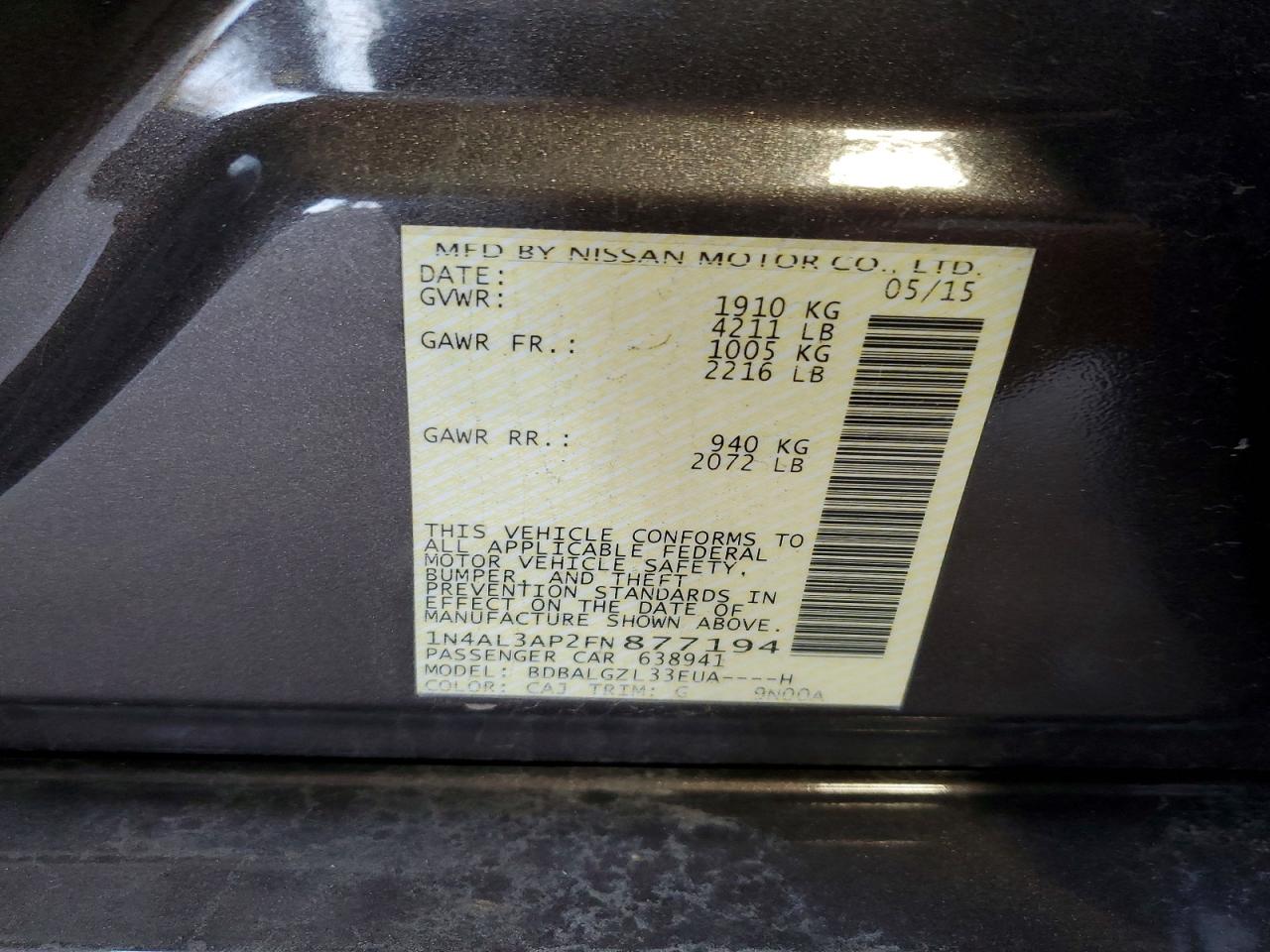 2015 Nissan Altima 2.5 S Charcoal vin: 1N4AL3AP2FN877194
