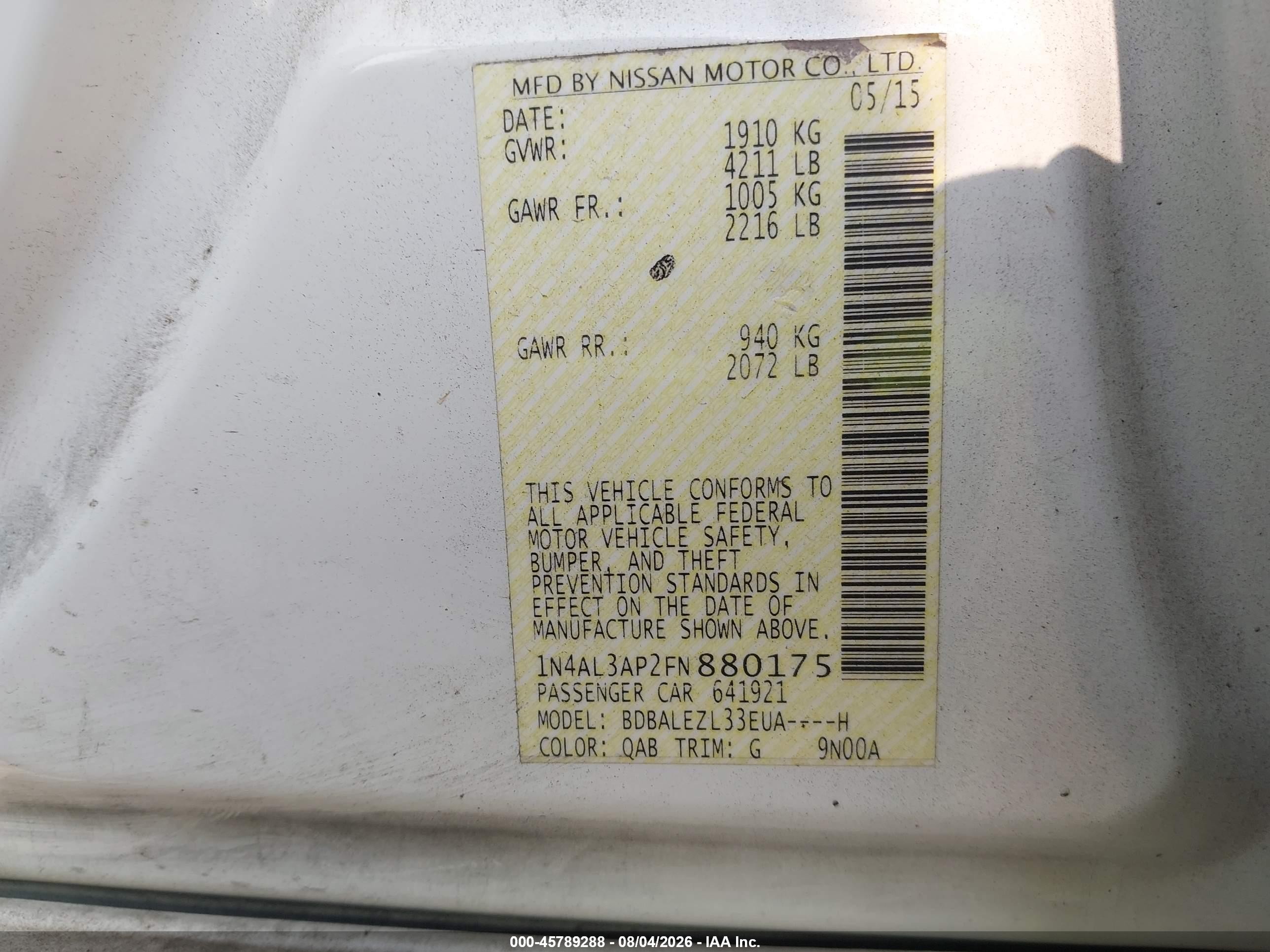 2015 Nissan Altima 2.5 S White vin: 1N4AL3AP2FN880175