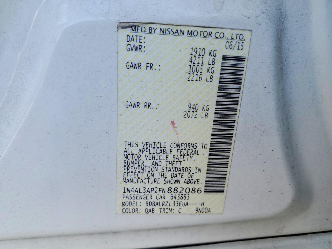 2015 Nissan Altima 2.5 Sl White vin: 1N4AL3AP2FN882086