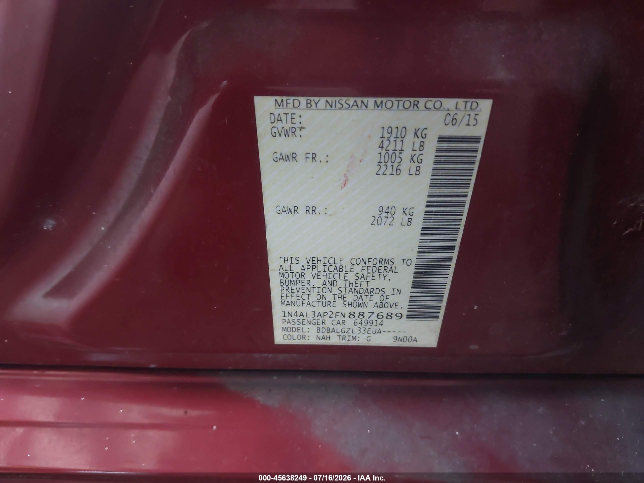 2015 Nissan Altima Red vin: 1N4AL3AP2FN887689