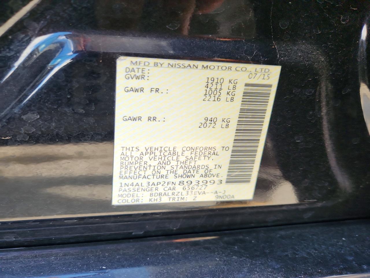 2015 Nissan Altima 2.5 Sl Black vin: 1N4AL3AP2FN893993
