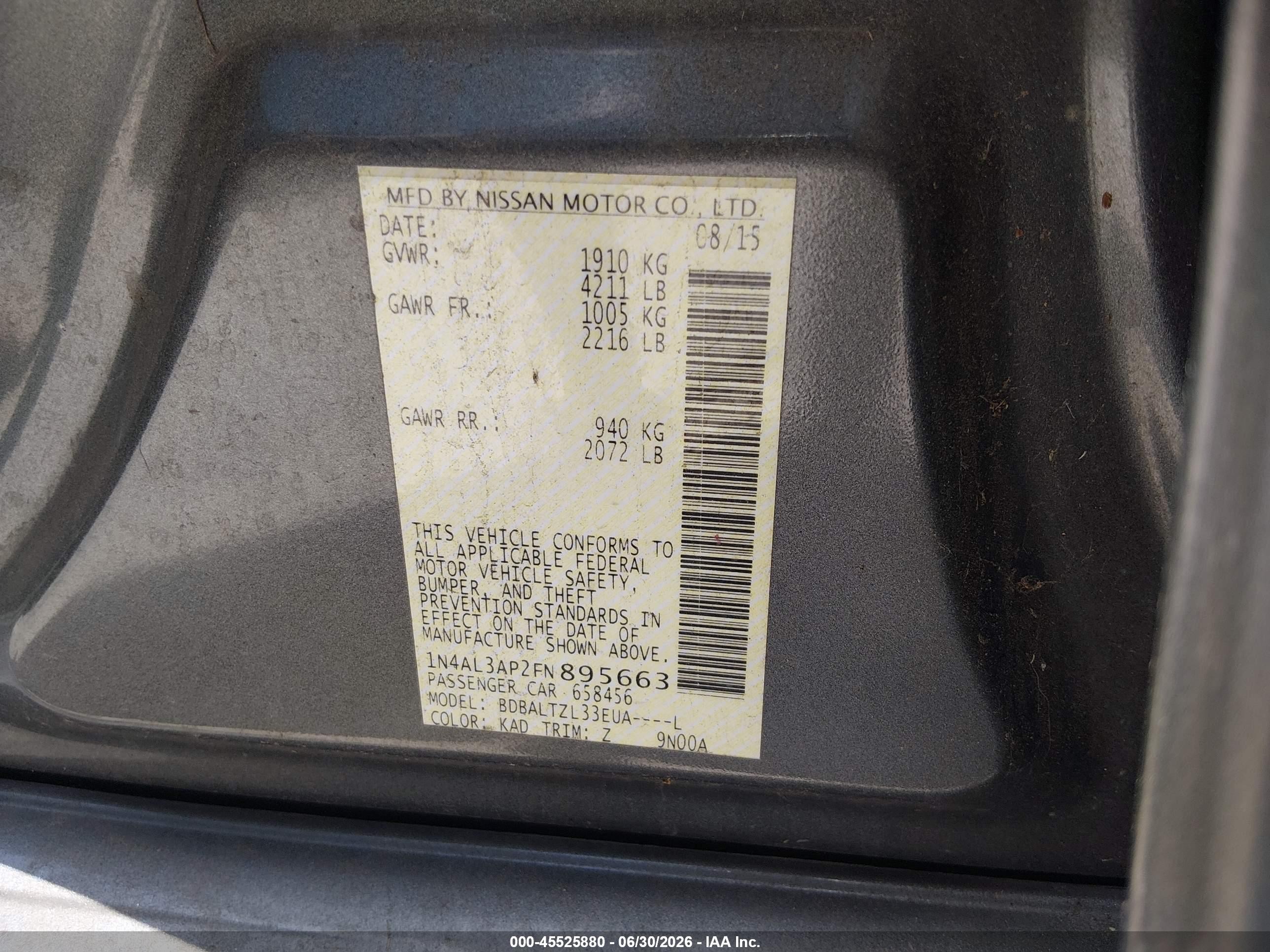 2015 Nissan Altima 2.5 Sl Gray vin: 1N4AL3AP2FN895663