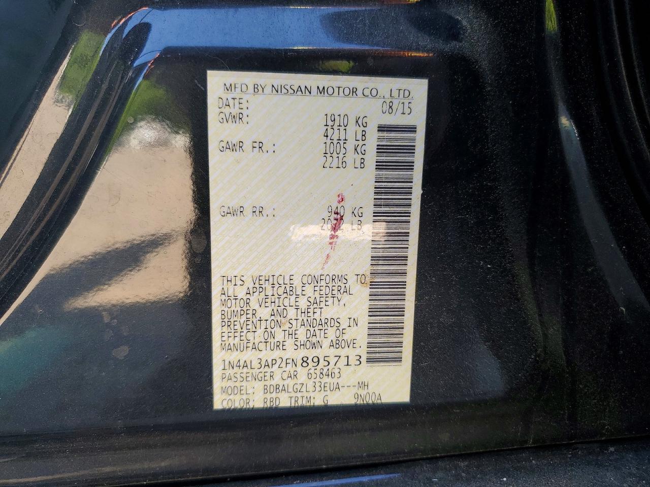 2015 Nissan Altima 2.5 S Black vin: 1N4AL3AP2FN895713