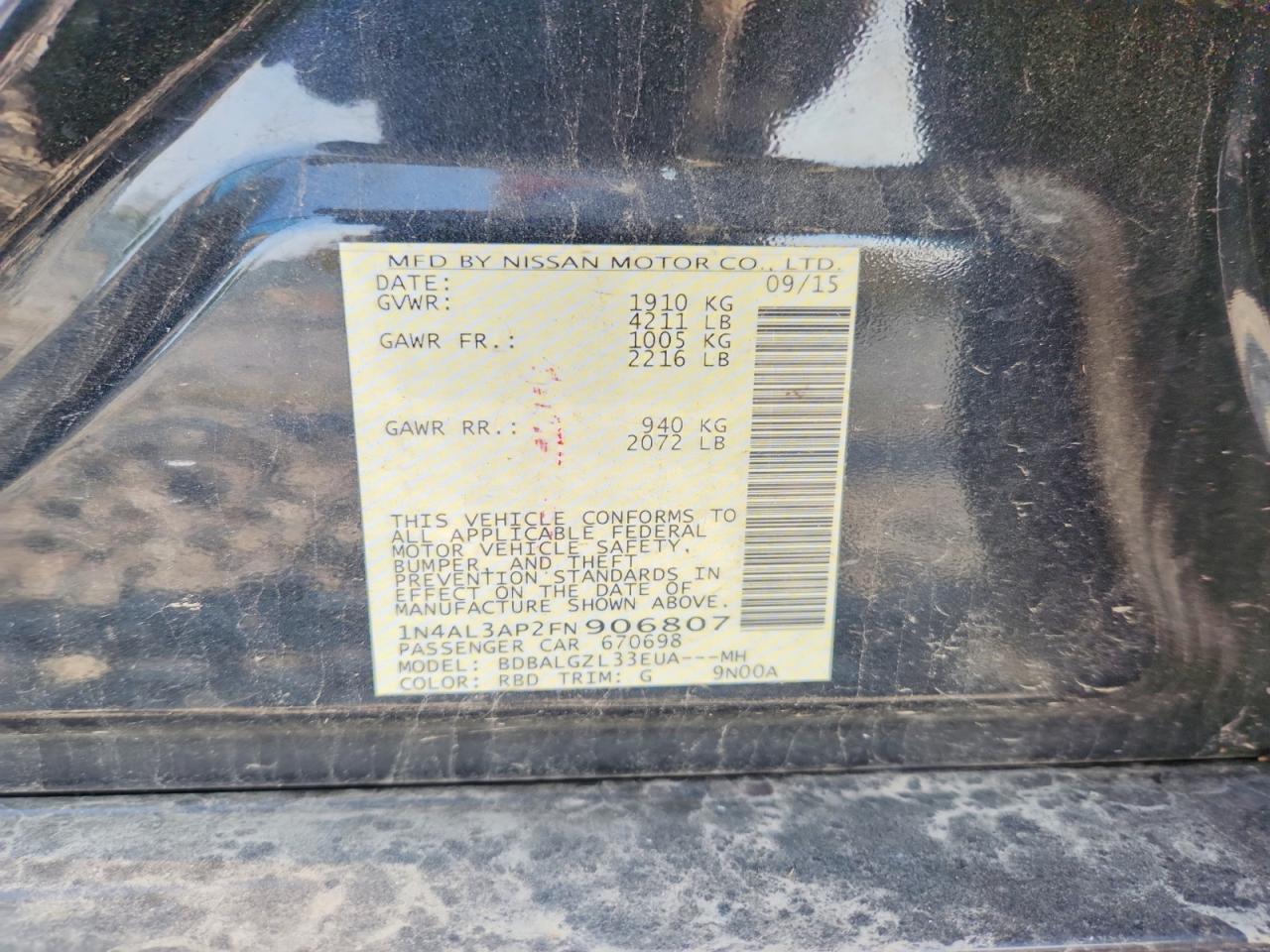 2015 Nissan Altima 2.5 S Charcoal vin: 1N4AL3AP2FN906807