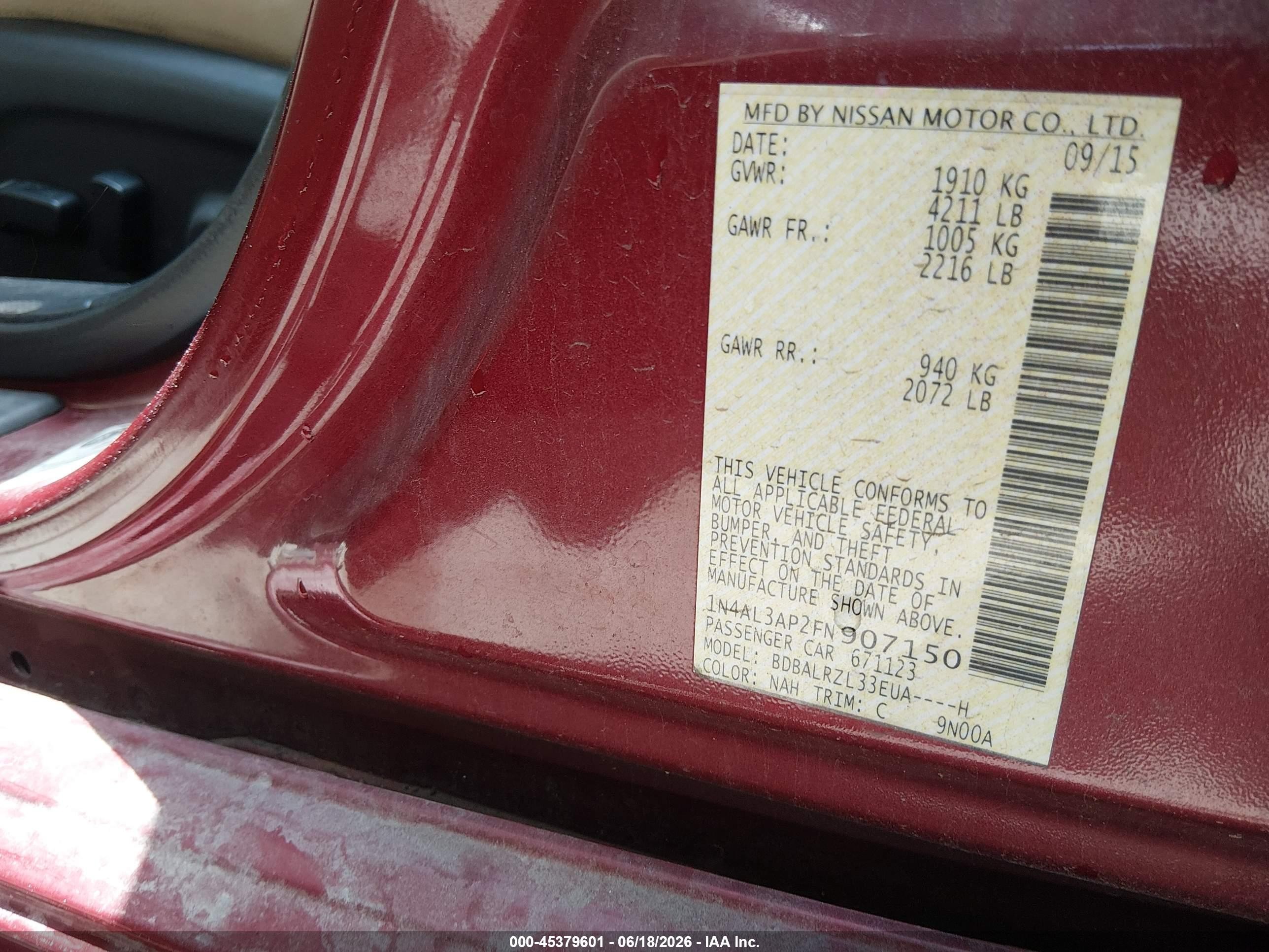 2015 Nissan Altima 2.5 Sl Burgundy vin: 1N4AL3AP2FN907150