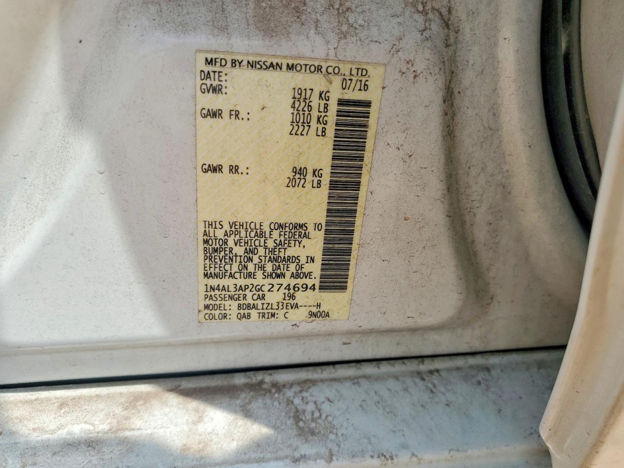 2016 Nissan Altima 2.5 Sv White vin: 1N4AL3AP2GC274694
