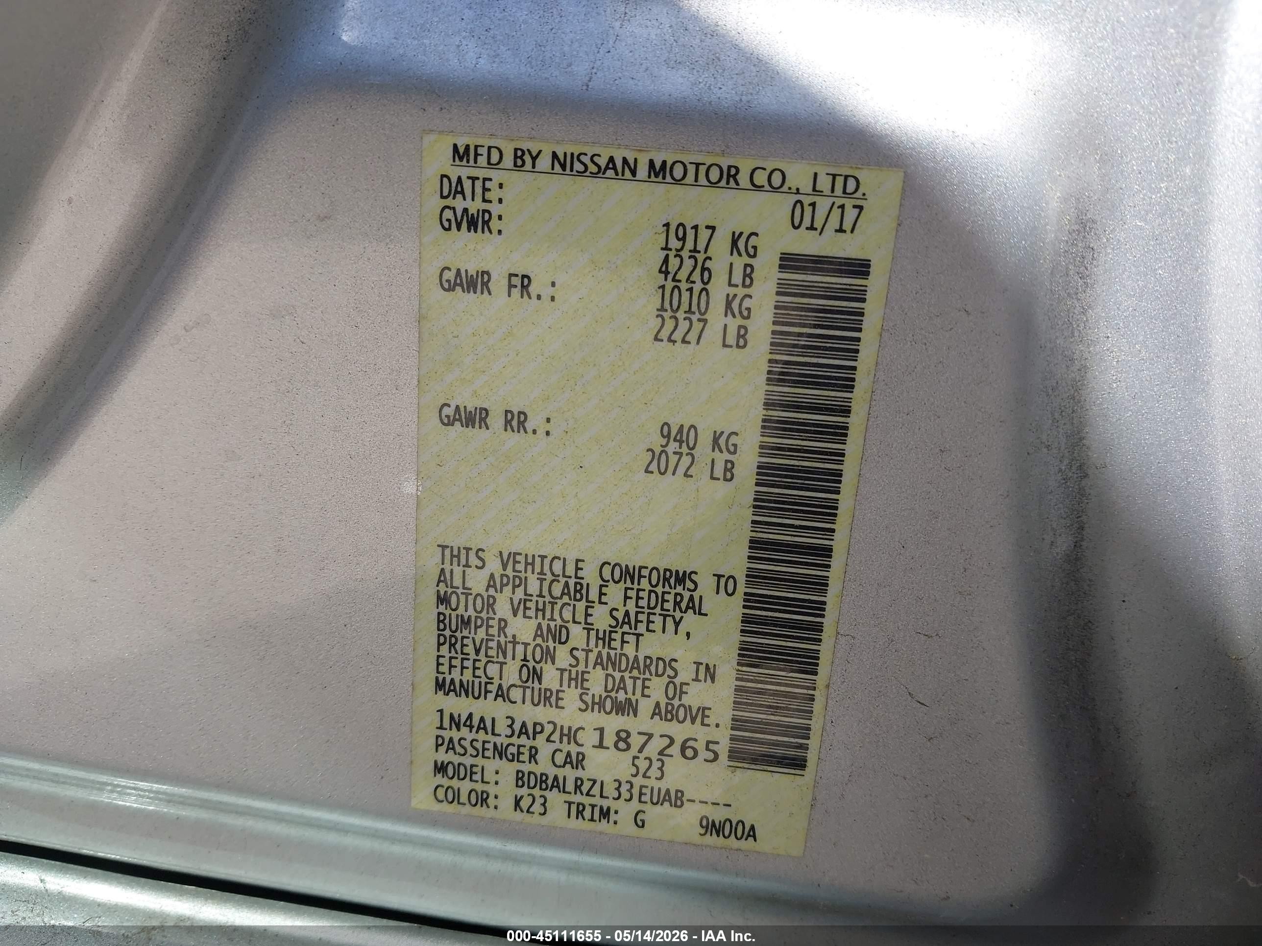 2017 Nissan Altima 2.5 Sl Серебряный vin: 1N4AL3AP2HC187265