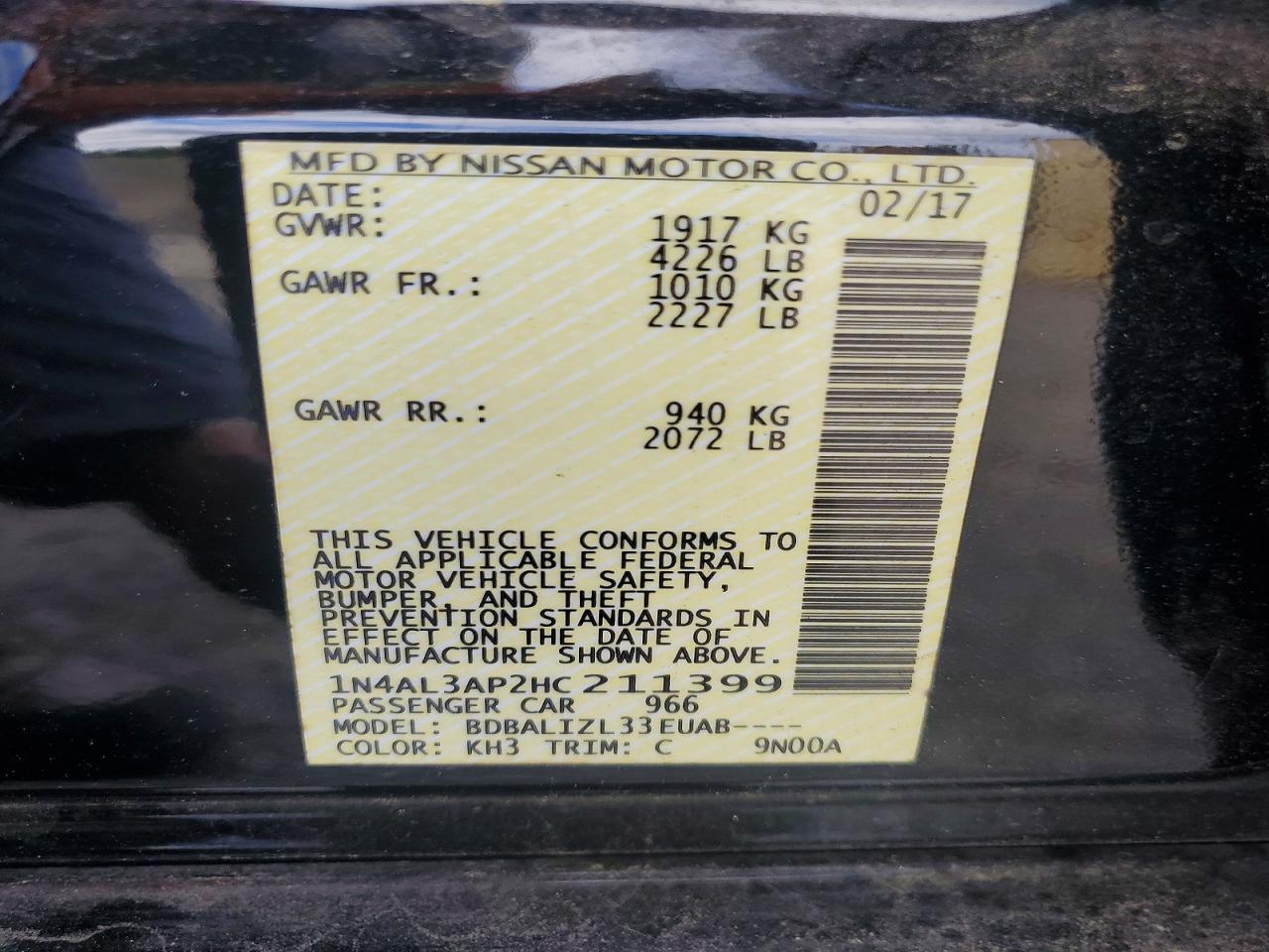 2017 Nissan Altima 2.5 Sv Черный vin: 1N4AL3AP2HC211399