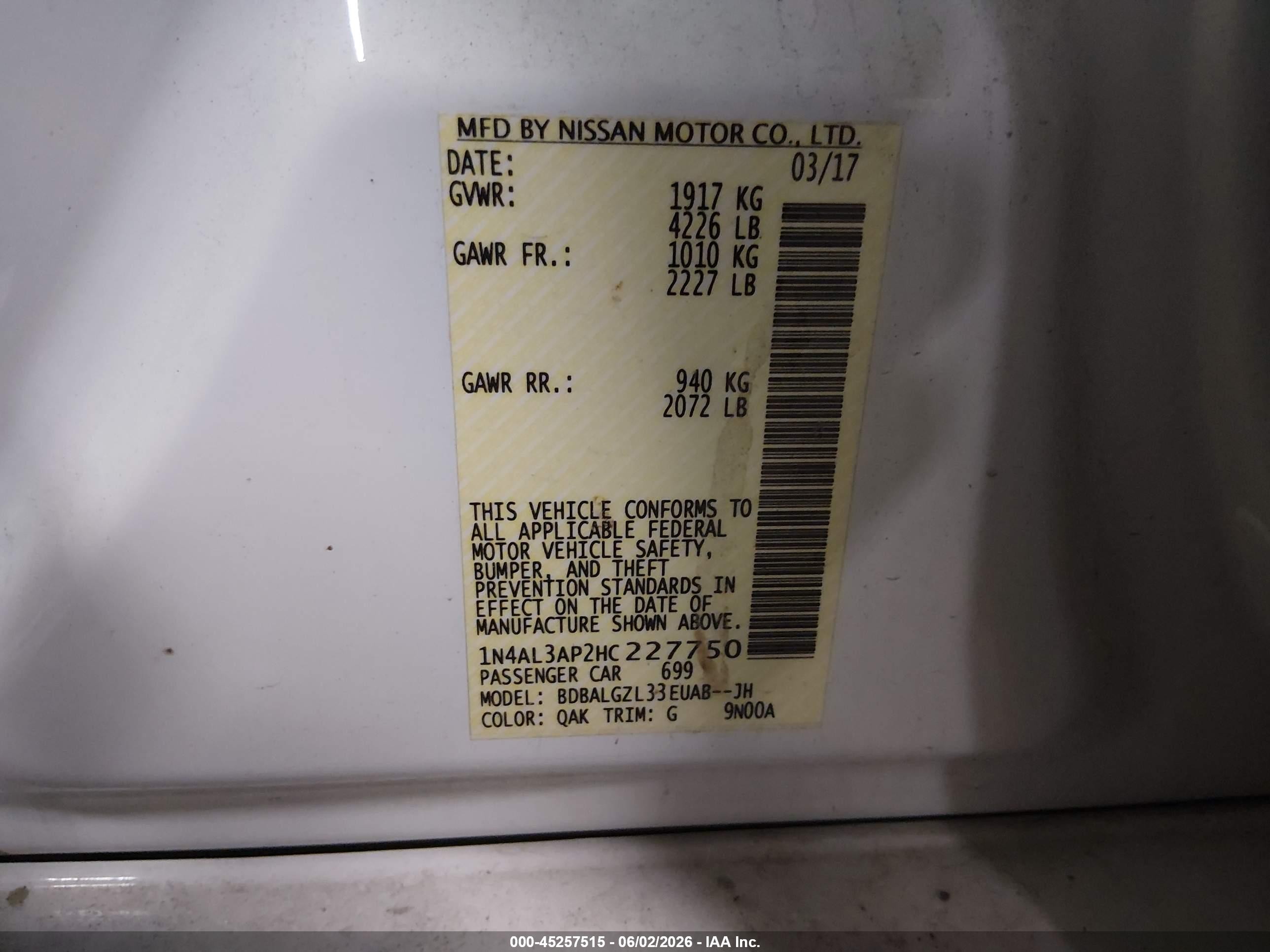 2017 Nissan Altima 2.5 S White vin: 1N4AL3AP2HC227750