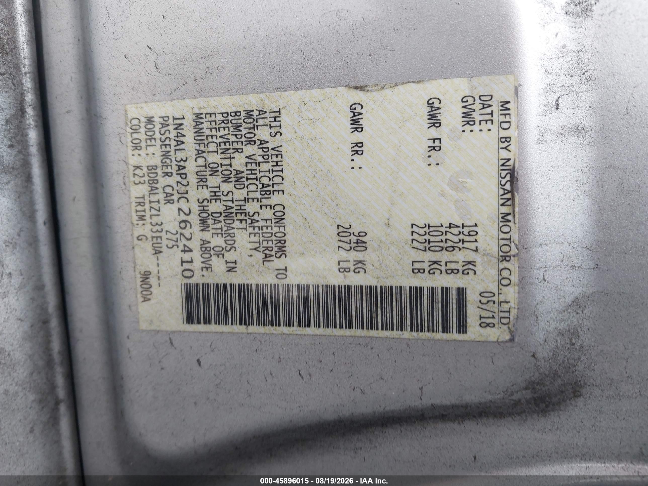 2018 Nissan Altima 2.5 Sv Silver vin: 1N4AL3AP2JC262410