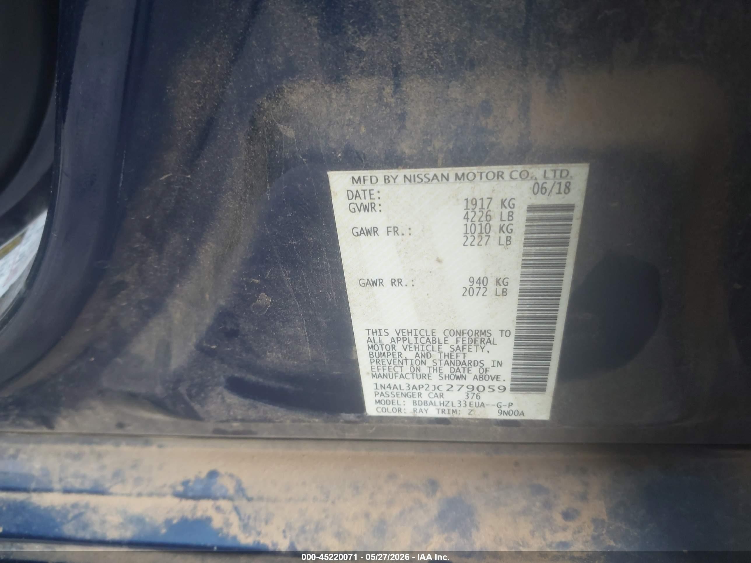 2018 Nissan Altima 2.5/s/sv/sl/sr Blue vin: 1N4AL3AP2JC279059