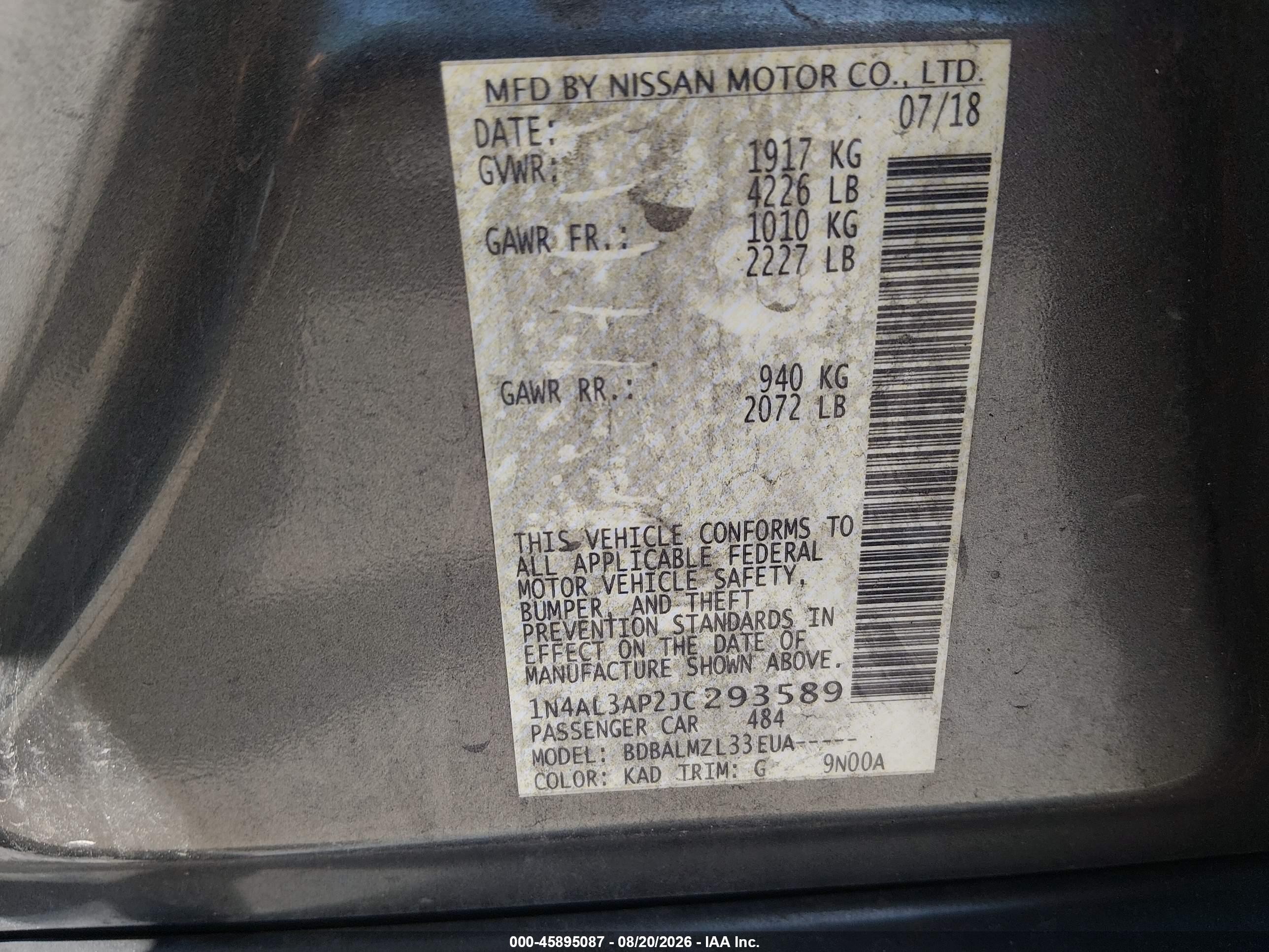 2018 Nissan Altima 2.5 Sv Black vin: 1N4AL3AP2JC293589