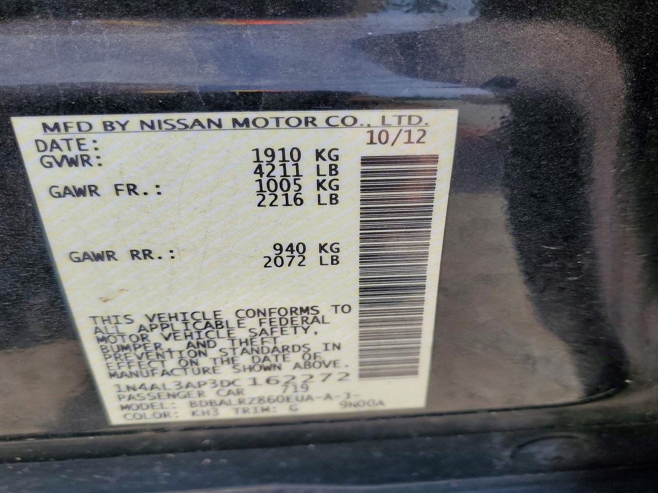 2013 Nissan Altima 2.5 Black vin: 1N4AL3AP3DC162272