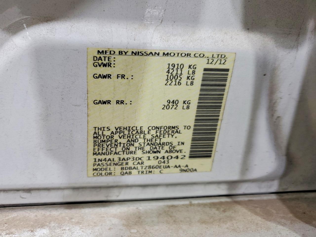 2013 Nissan Altima 2.5 White vin: 1N4AL3AP3DC194042