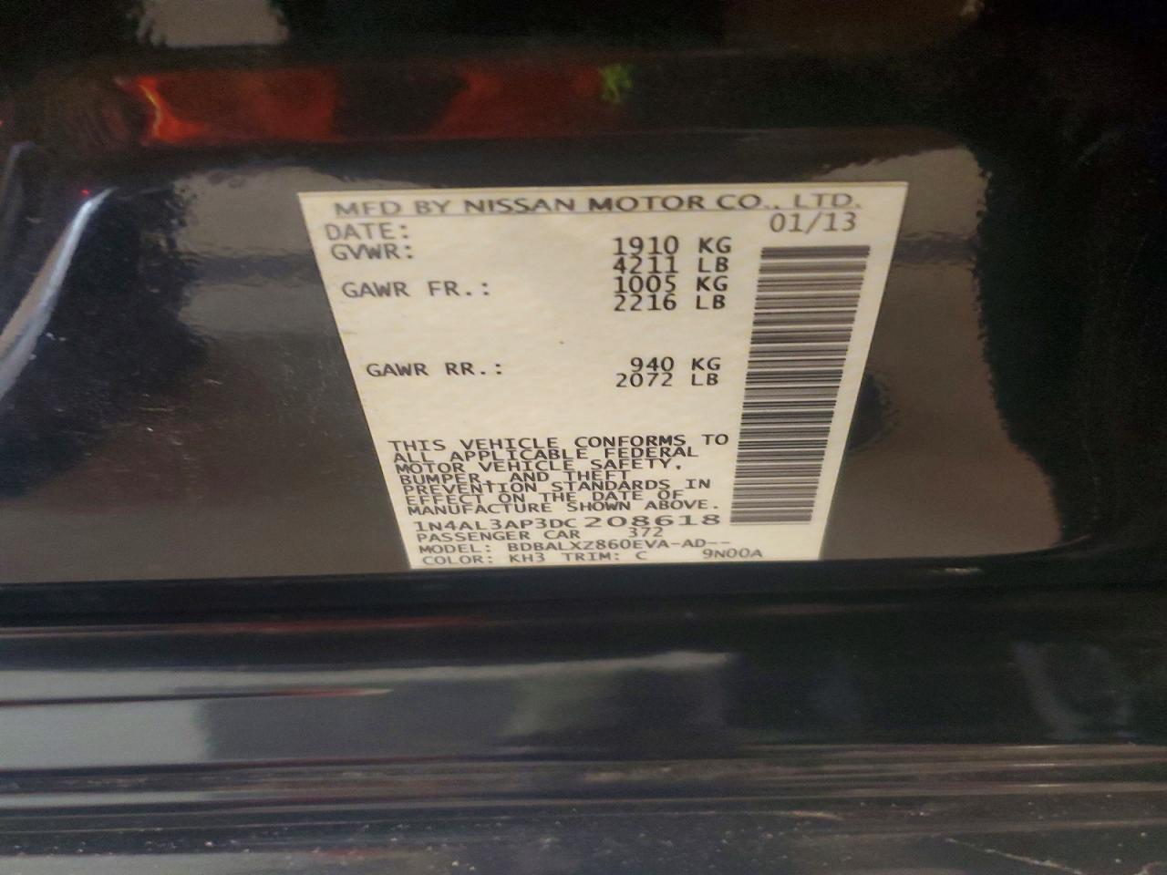 2013 Nissan Altima 2.5 Black vin: 1N4AL3AP3DC208618