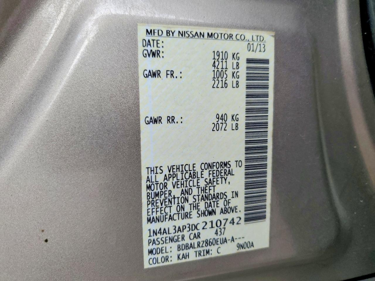 2013 Nissan Altima 2.5/s/sv/sl Gray vin: 1N4AL3AP3DC210742