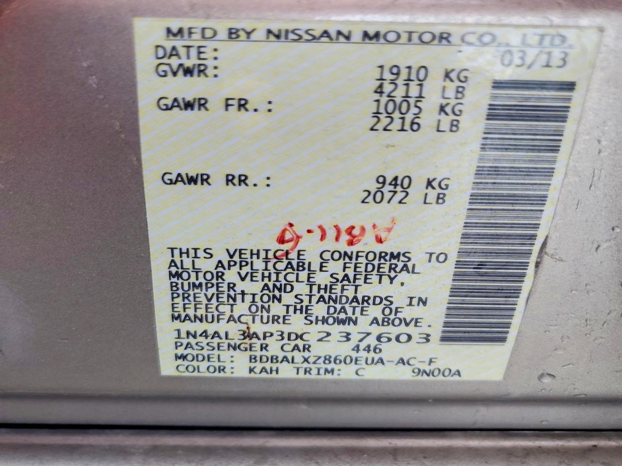 2013 Nissan Altima 2.5 Tan vin: 1N4AL3AP3DC237603