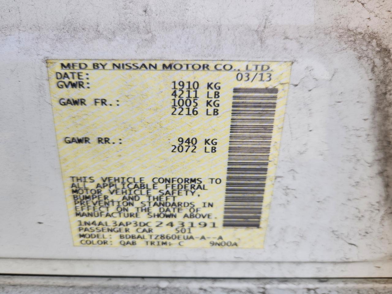 2013 Nissan Altima 2.5 White vin: 1N4AL3AP3DC243191