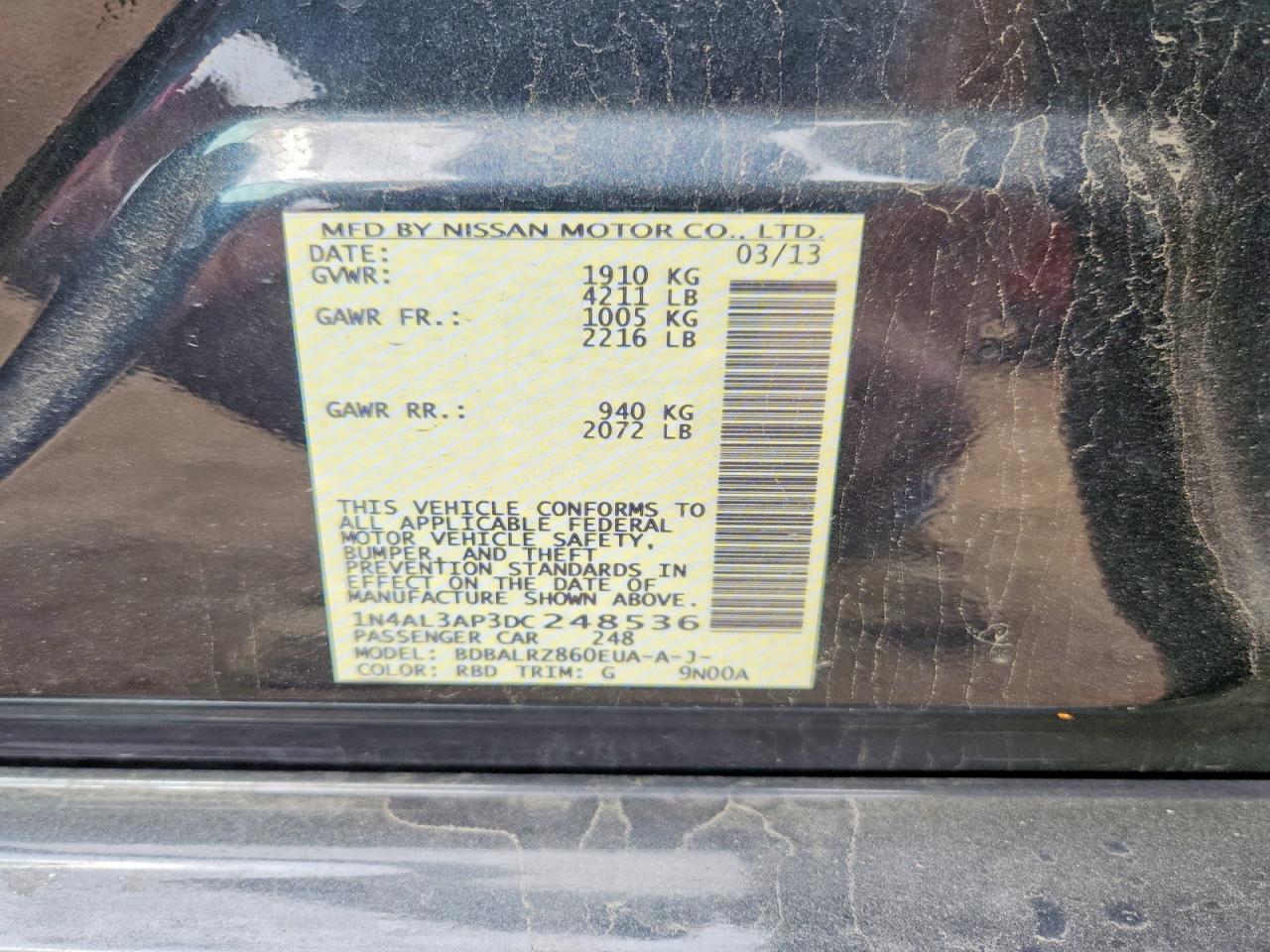 2013 Nissan Altima 2.5 Угольный vin: 1N4AL3AP3DC248536