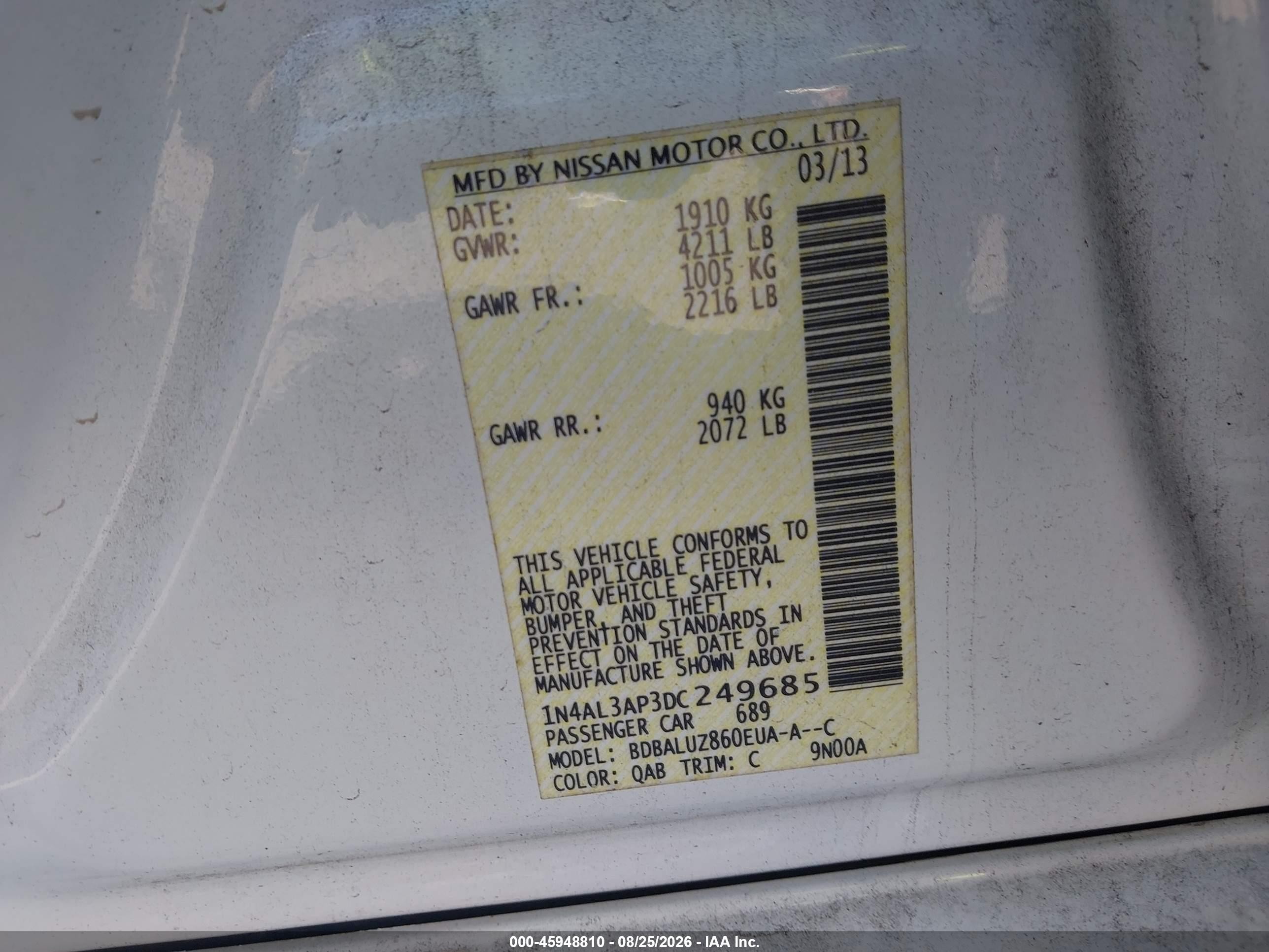 2013 Nissan Altima 2.5 Sv White vin: 1N4AL3AP3DC249685