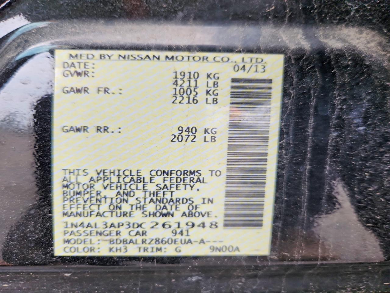 2013 Nissan Altima 2.5 Black vin: 1N4AL3AP3DC261948