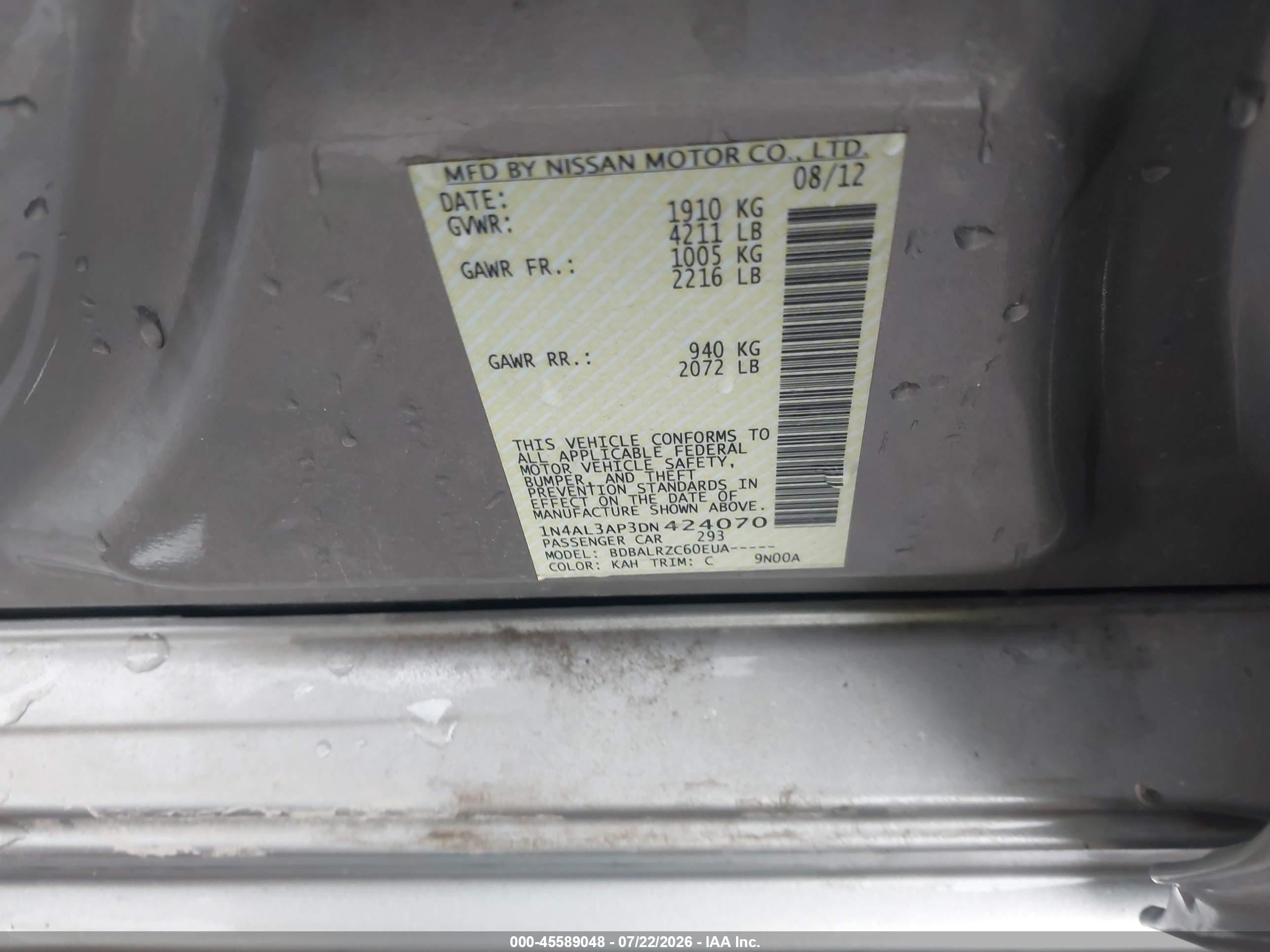 2013 Nissan Altima 2.5 S Gray vin: 1N4AL3AP3DN424070