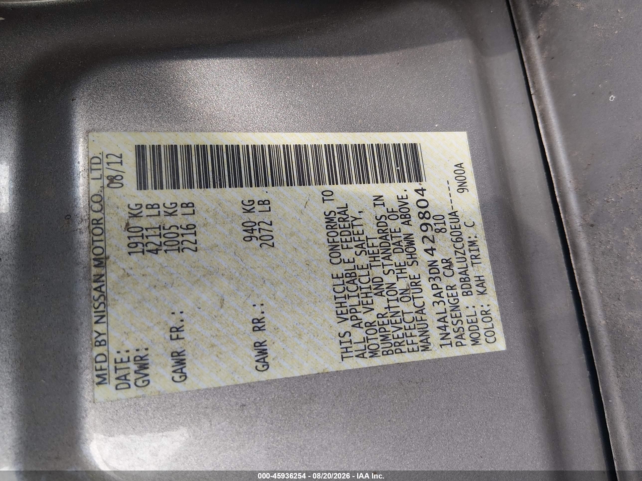 2013 Nissan Altima 2.5 Sv Gold vin: 1N4AL3AP3DN429804