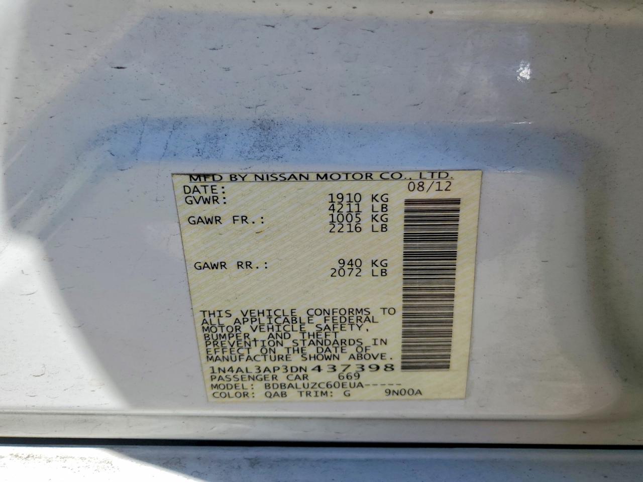 2013 Nissan Altima 2.5 White vin: 1N4AL3AP3DN437398