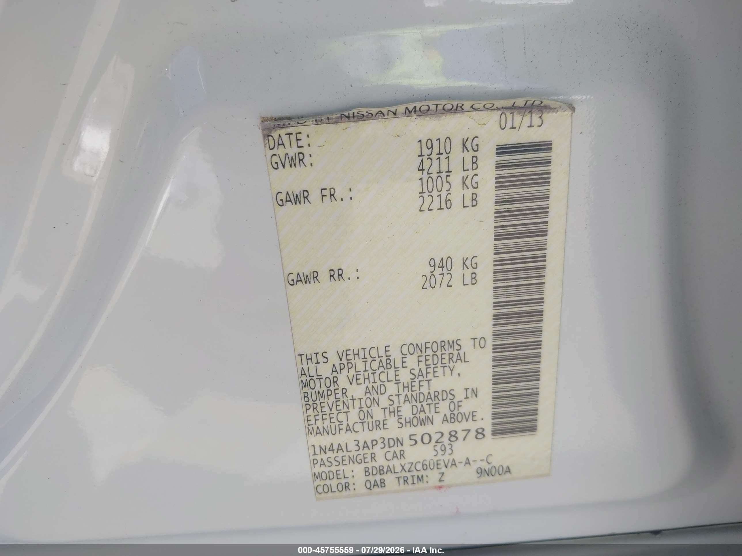 2013 Nissan Altima 2.5 Sl White vin: 1N4AL3AP3DN502878